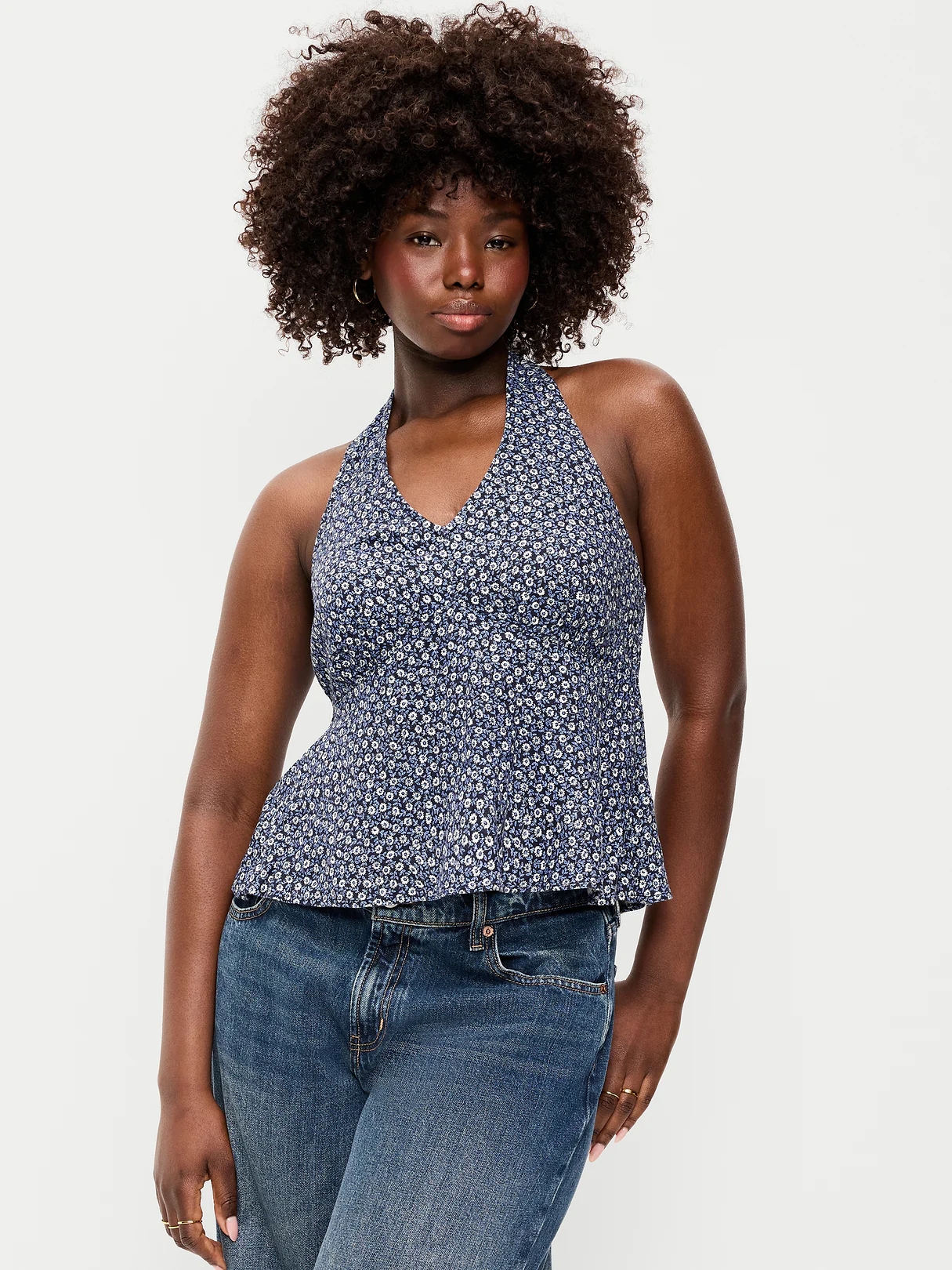 Linen-Blend V-Neck Halter Top - Blue Ditsy Floral