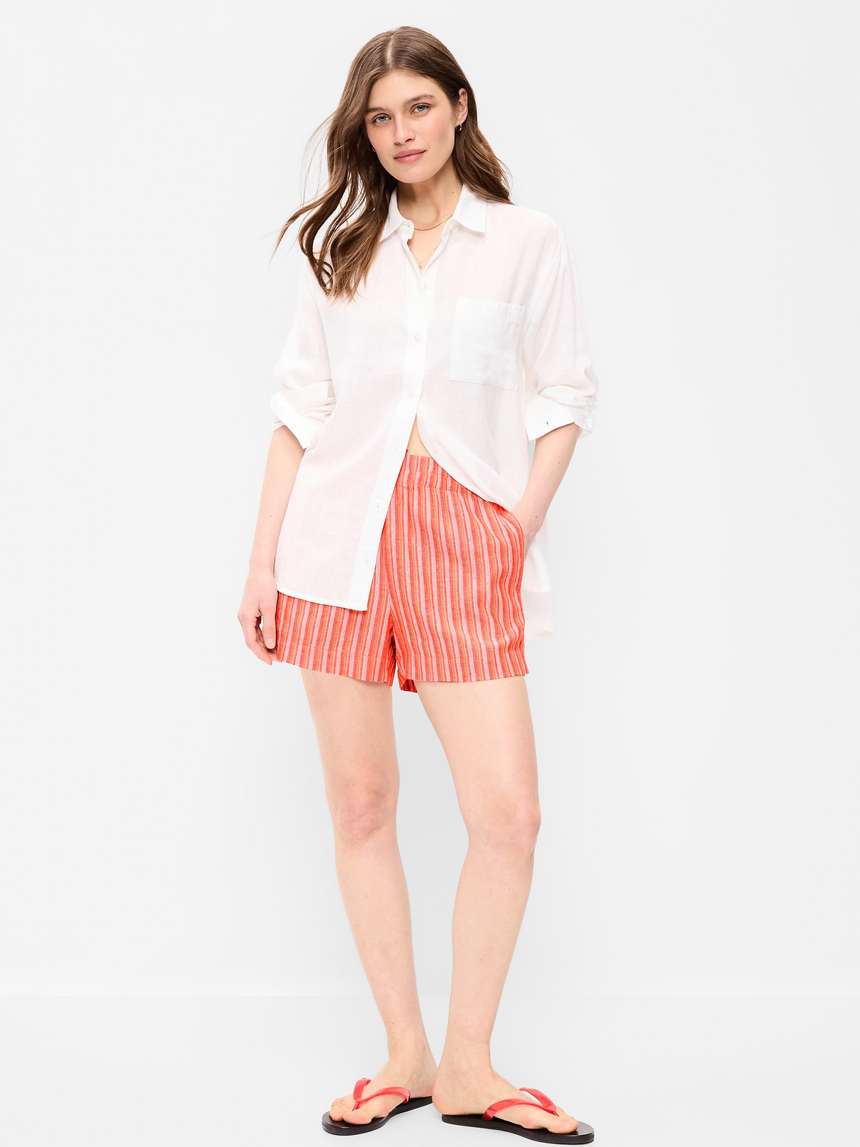 High-Waisted Beach Linen Pull-On Shorts - Orange Stripe