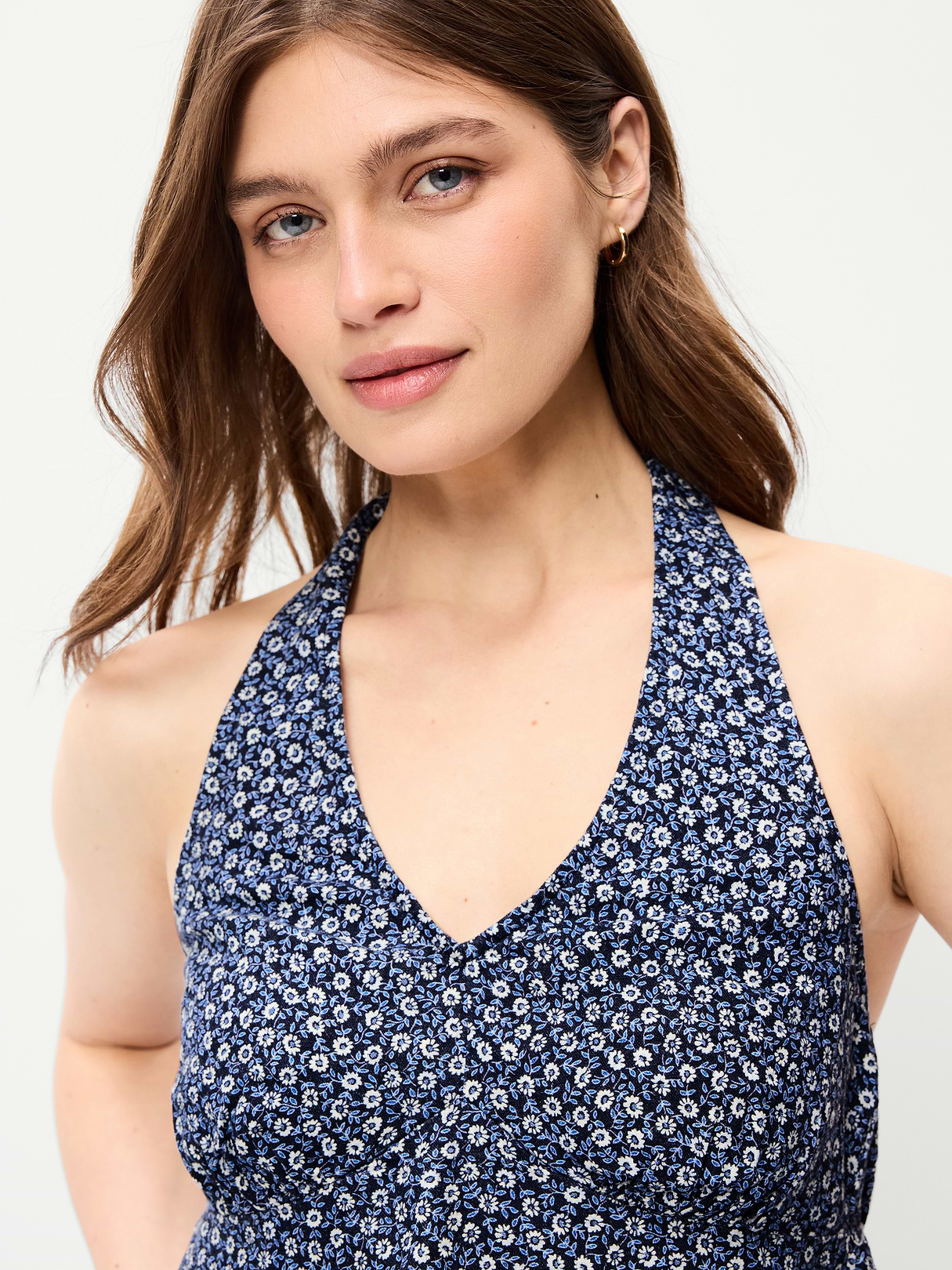 Linen-Blend V-Neck Halter Top - Blue Ditsy Floral