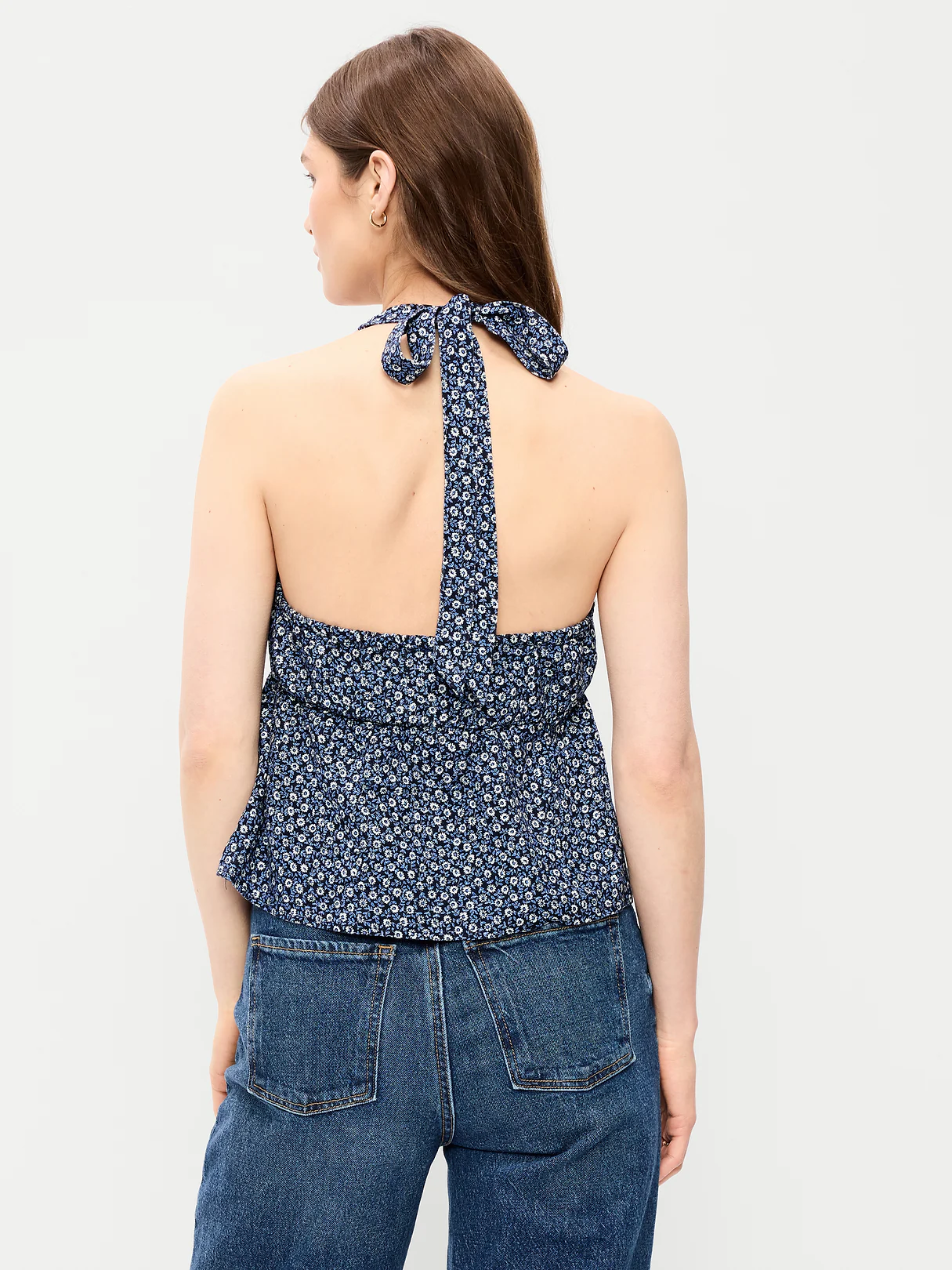 Linen-Blend V-Neck Halter Top - Blue Ditsy Floral
