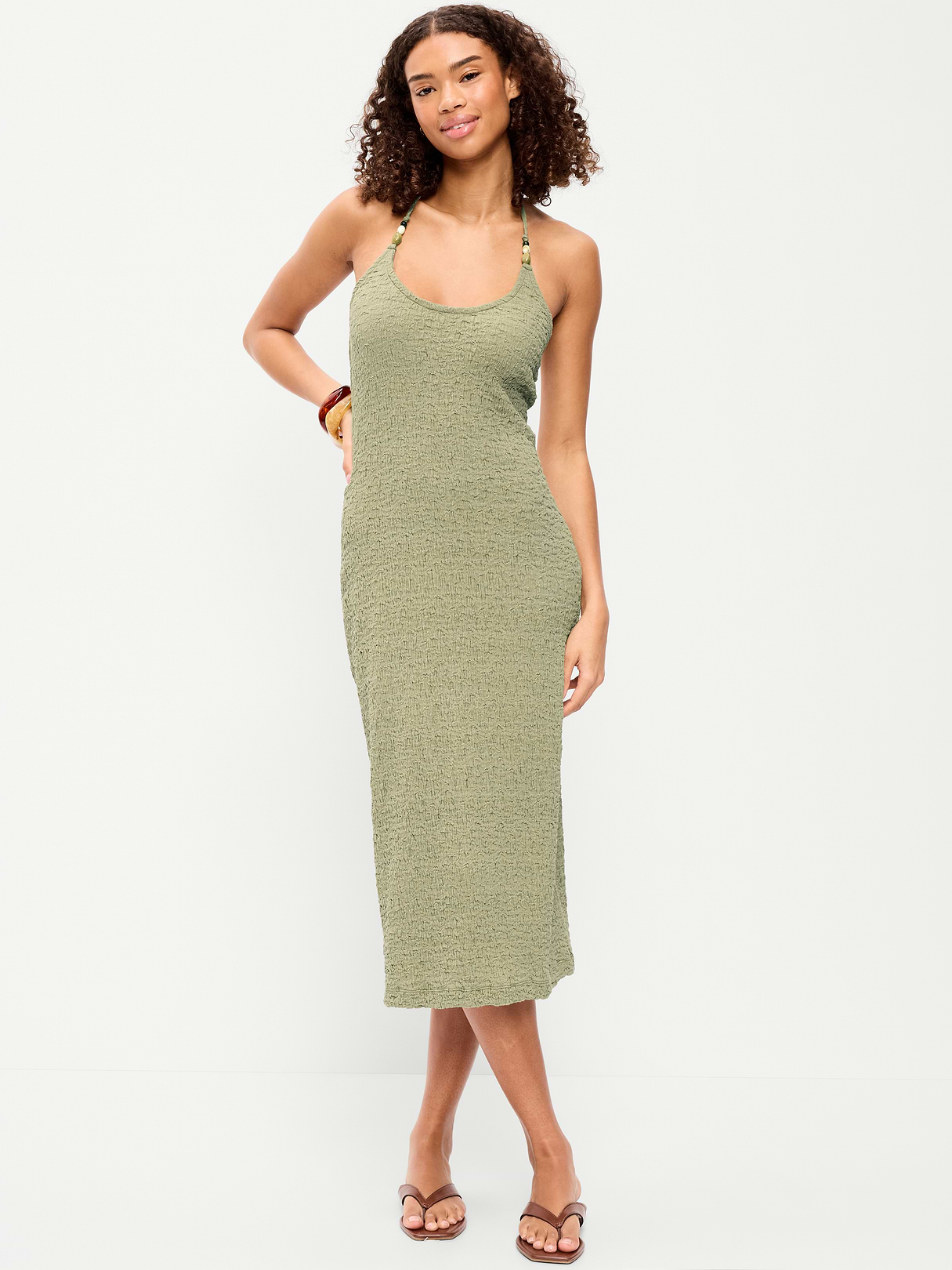 Beaded Halter-Neck Textured Midi Dress - Dried Grasses