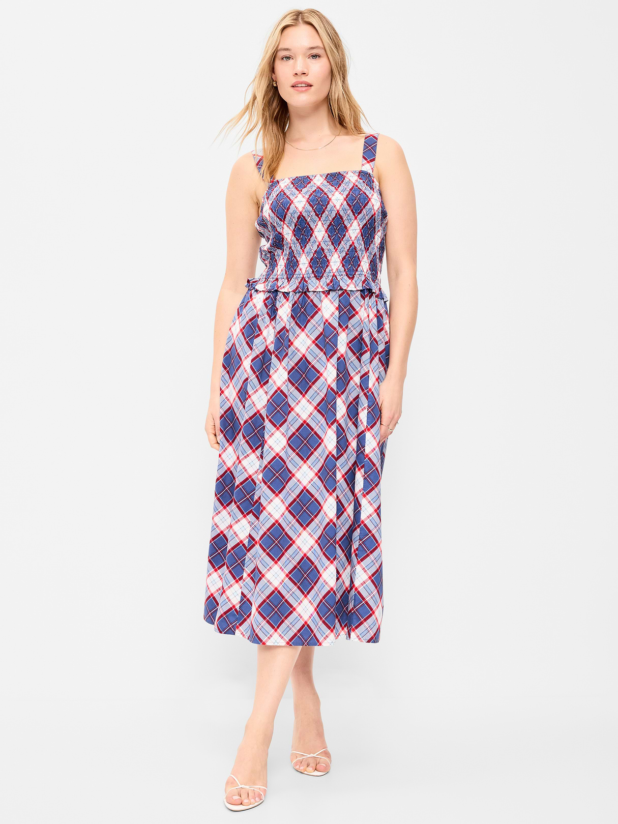 Fit & Flare Smocked-Bodice Midi Dress - Blue Plaid