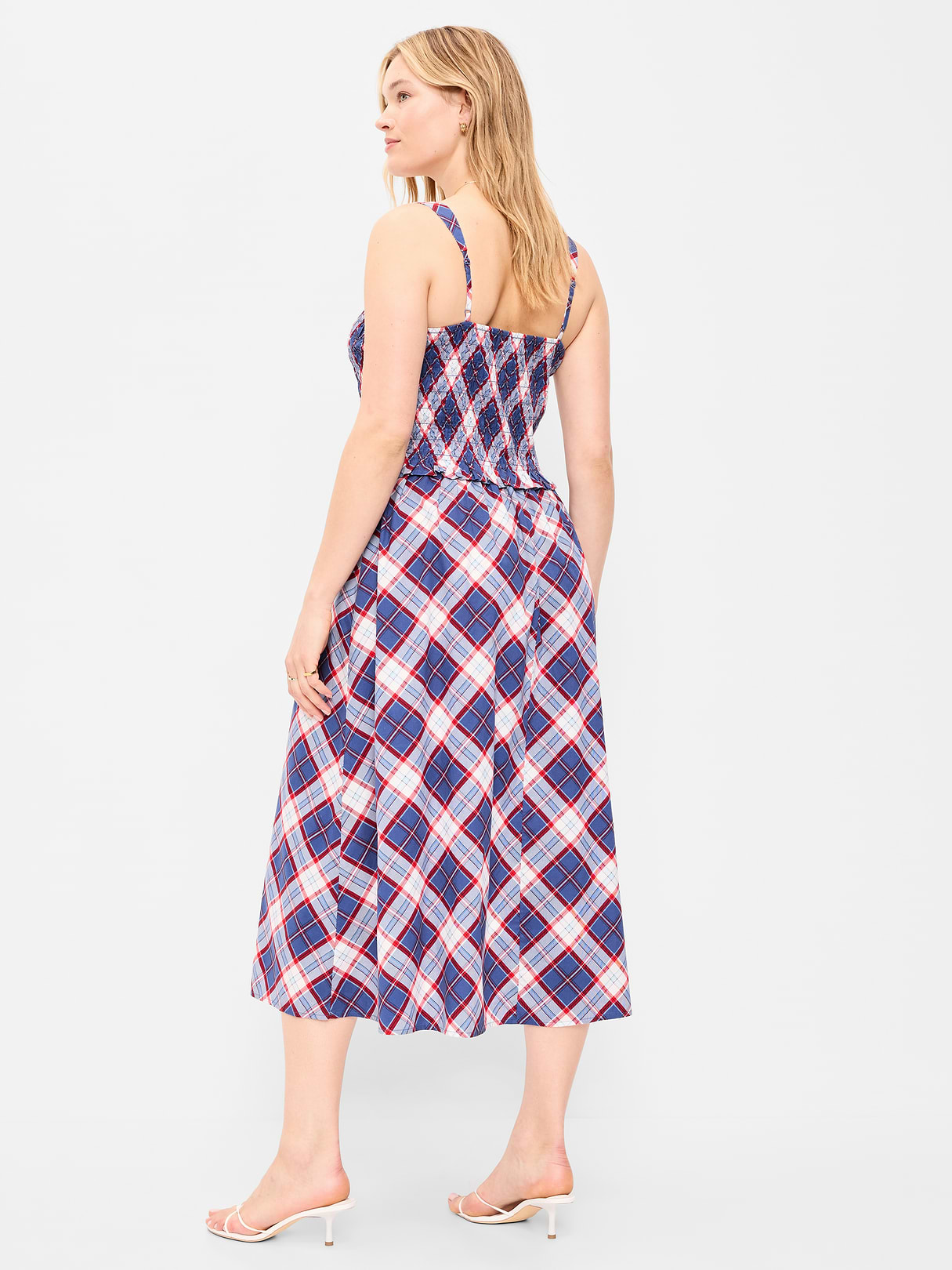 Fit & Flare Smocked-Bodice Midi Dress - Blue Plaid