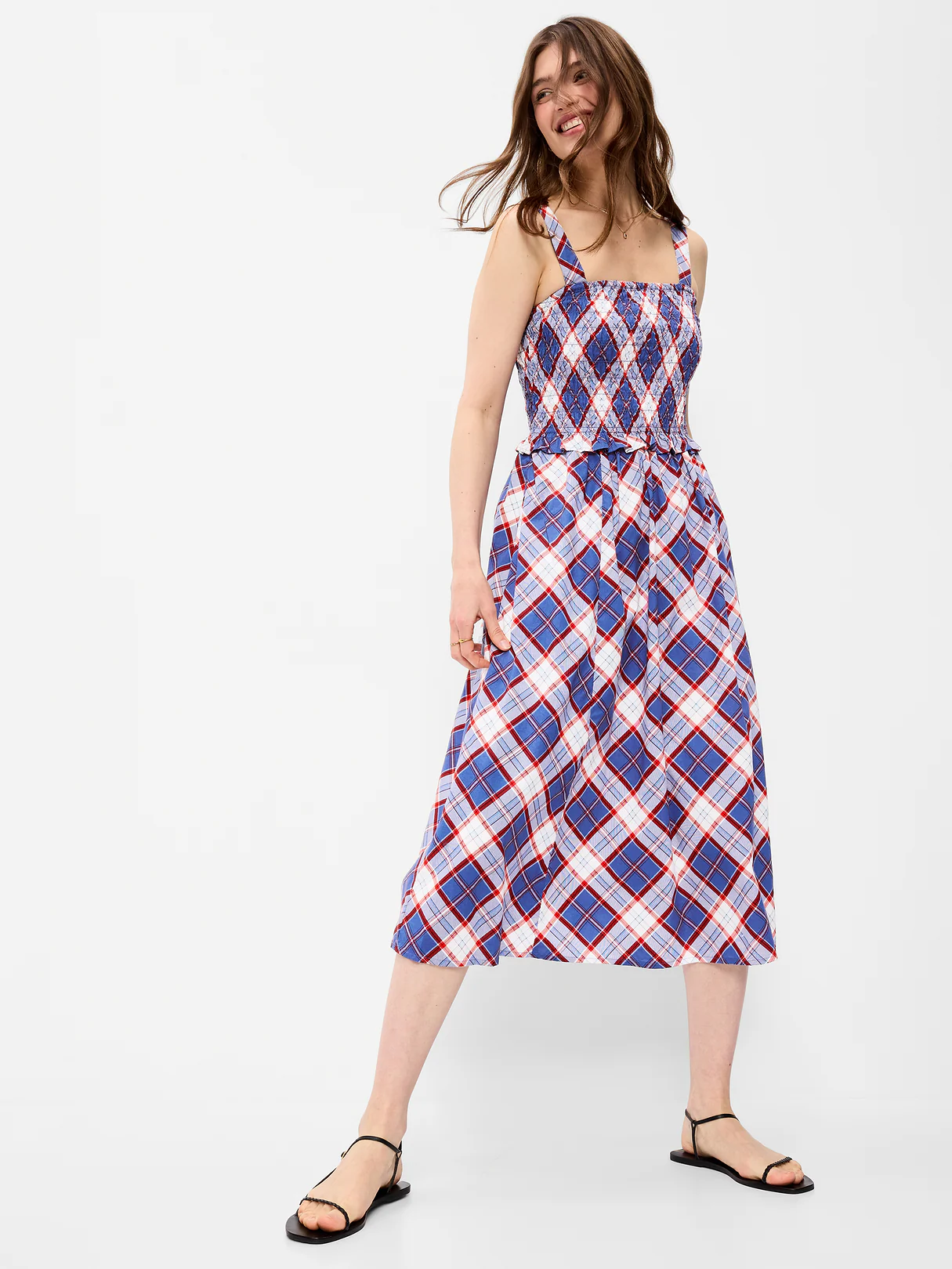 Fit & Flare Smocked-Bodice Midi Dress - Blue Plaid