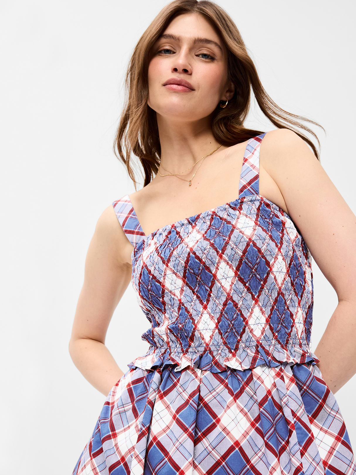 Fit & Flare Smocked-Bodice Midi Dress - Blue Plaid