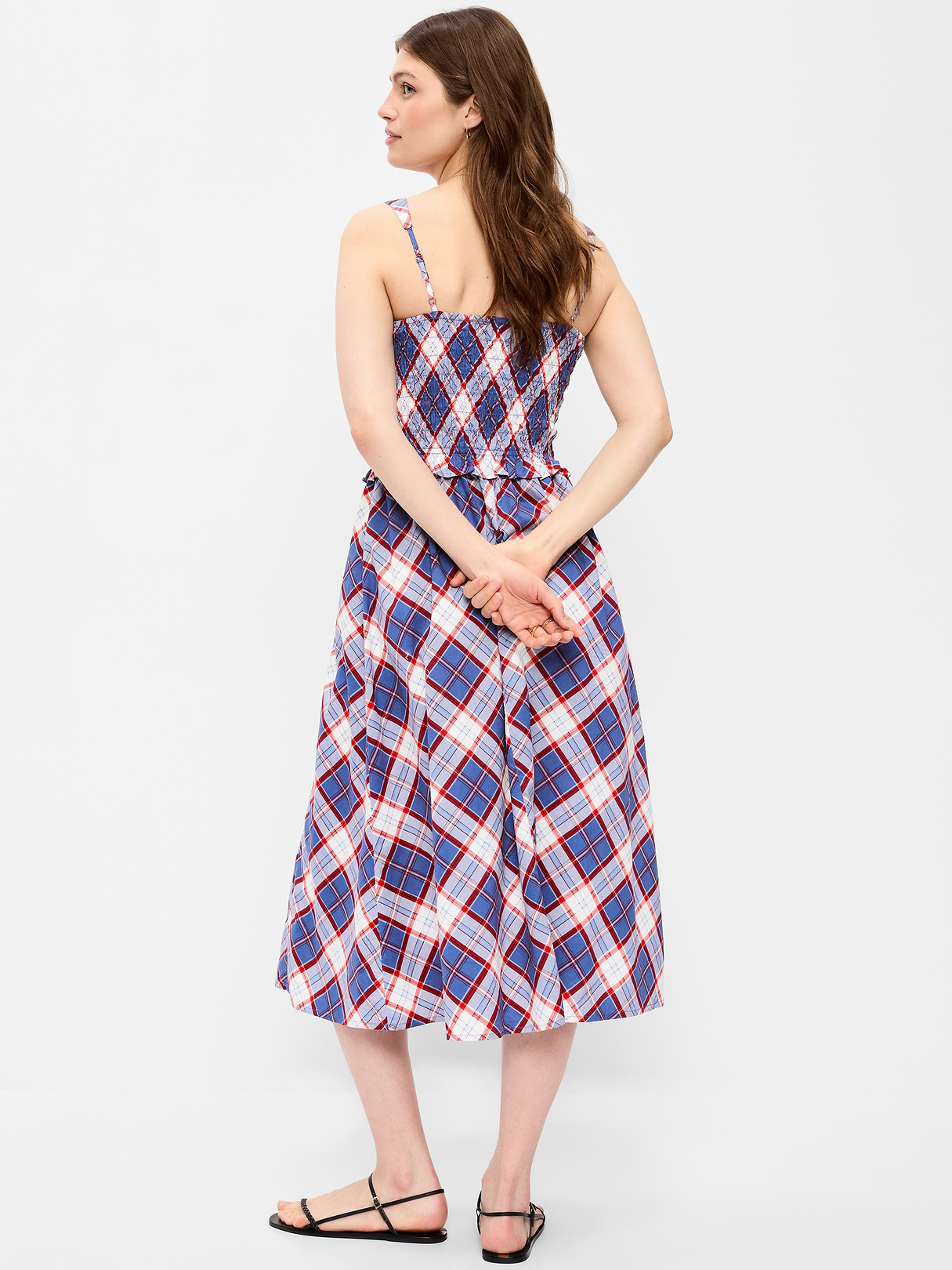 Fit & Flare Smocked-Bodice Midi Dress - Blue Plaid