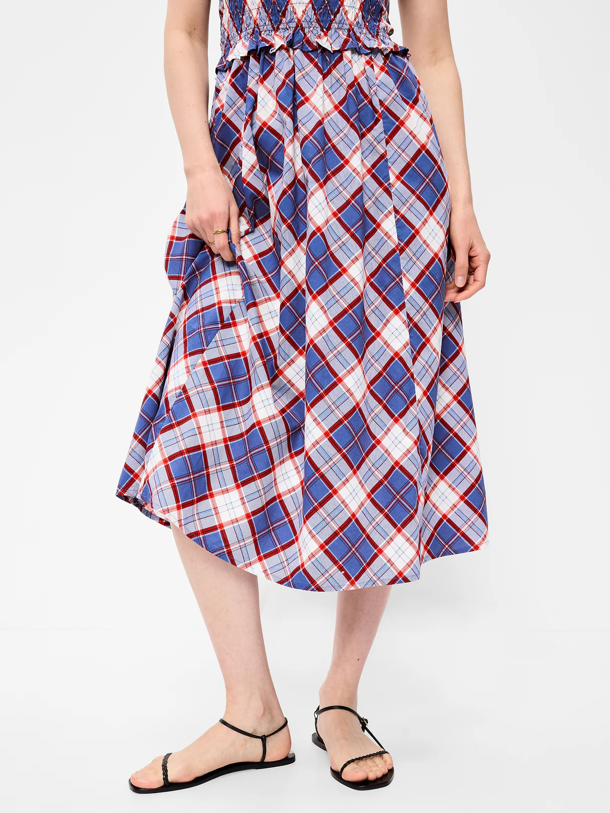 Fit & Flare Smocked-Bodice Midi Dress - Blue Plaid