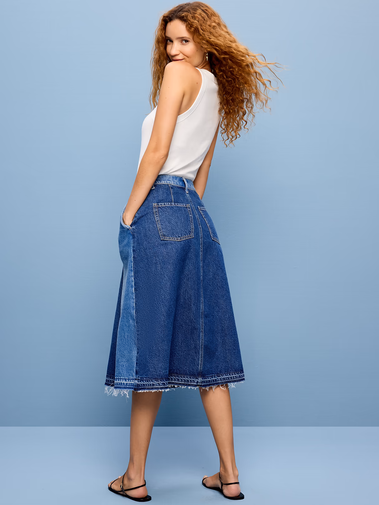 Reconstructed Pleated Denim Midi Skirt - Coretta