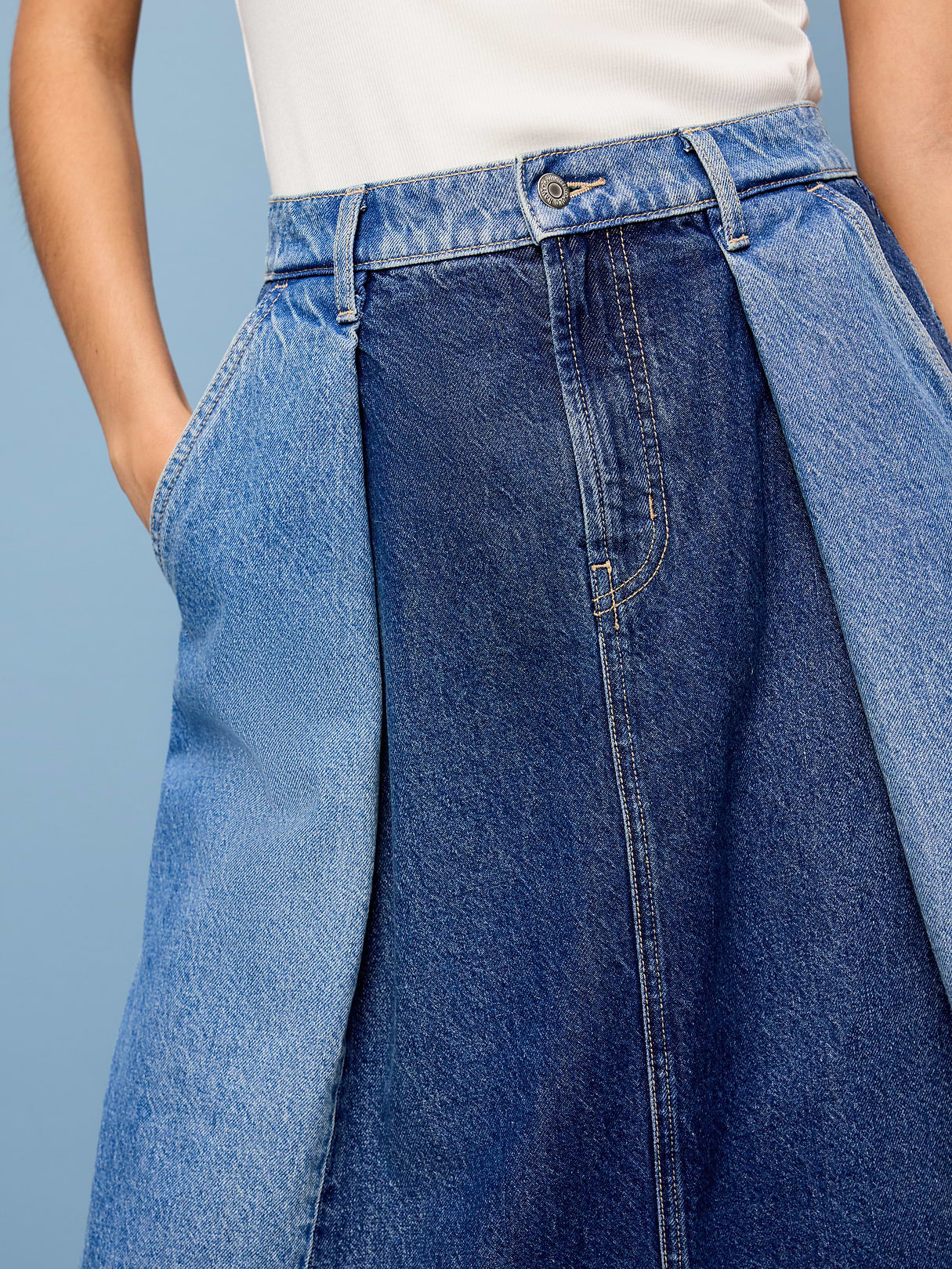Reconstructed Pleated Denim Midi Skirt - Coretta