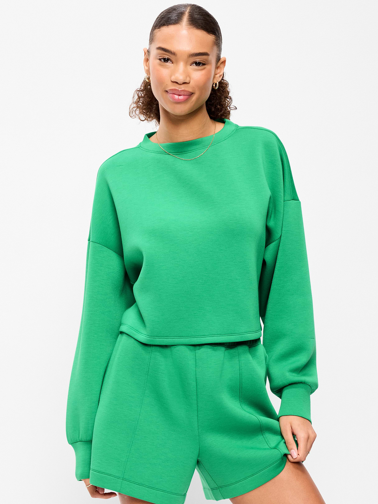 Bounce Fleece Quilted Crew-Neck Top - Green Mangrove