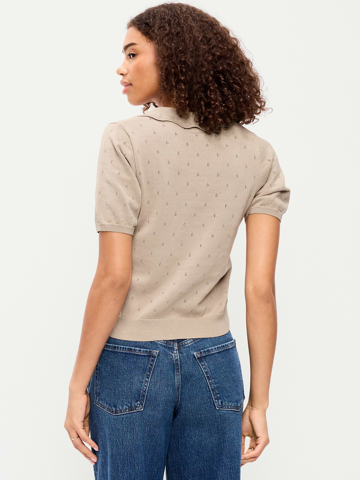 Tie-Front Seaside Cotton Pointelle Cropped Polo - Hemisphere