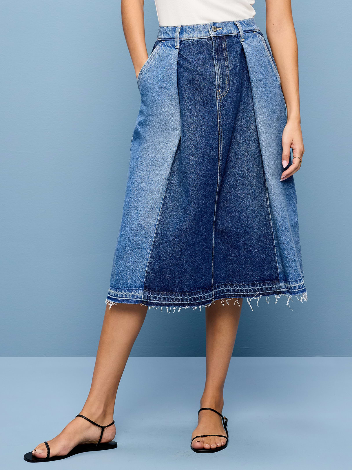 Reconstructed Pleated Denim Midi Skirt - Coretta