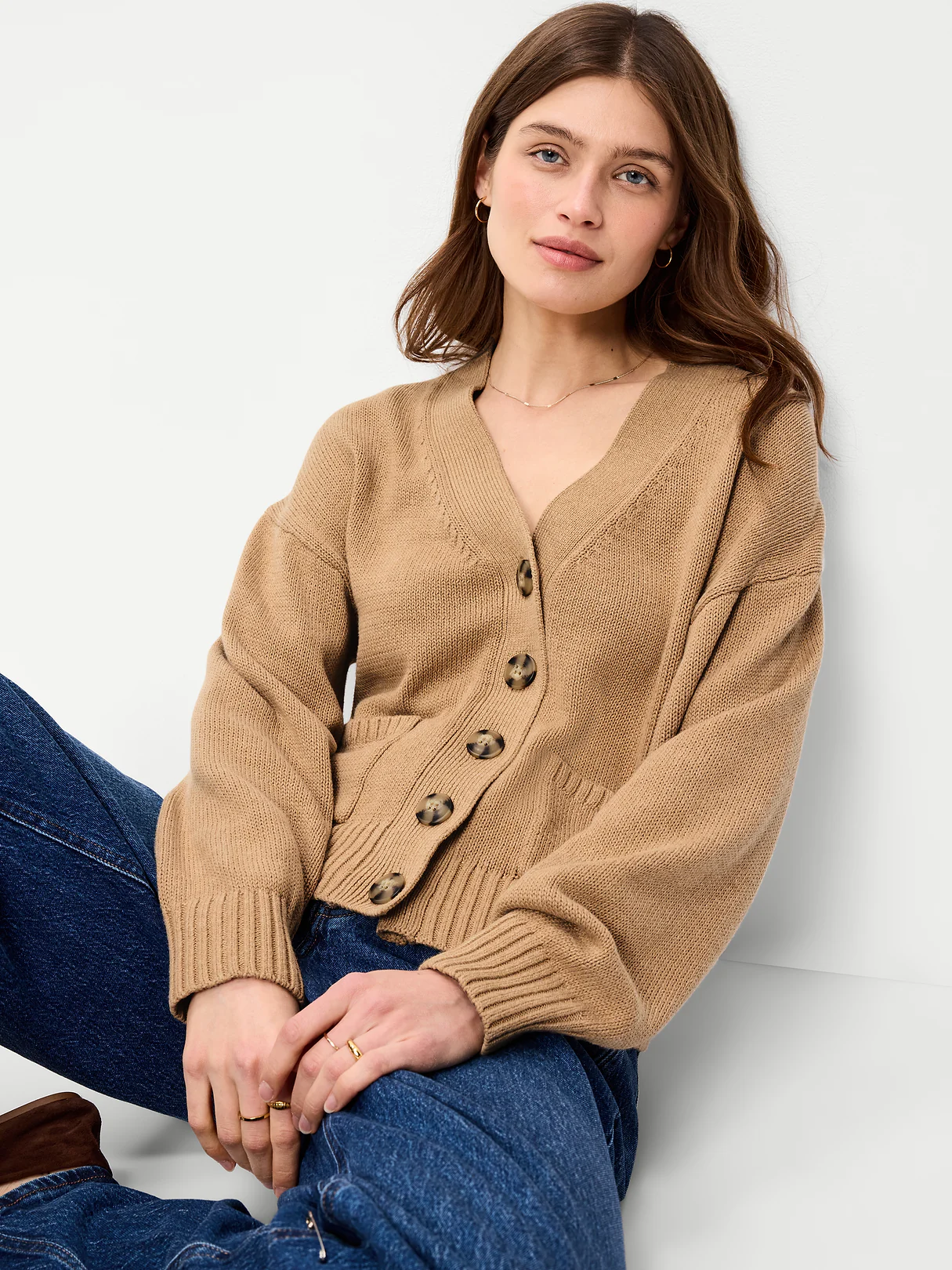 Seaside Cotton V-Neck Cardigan Sweater - Light Brown