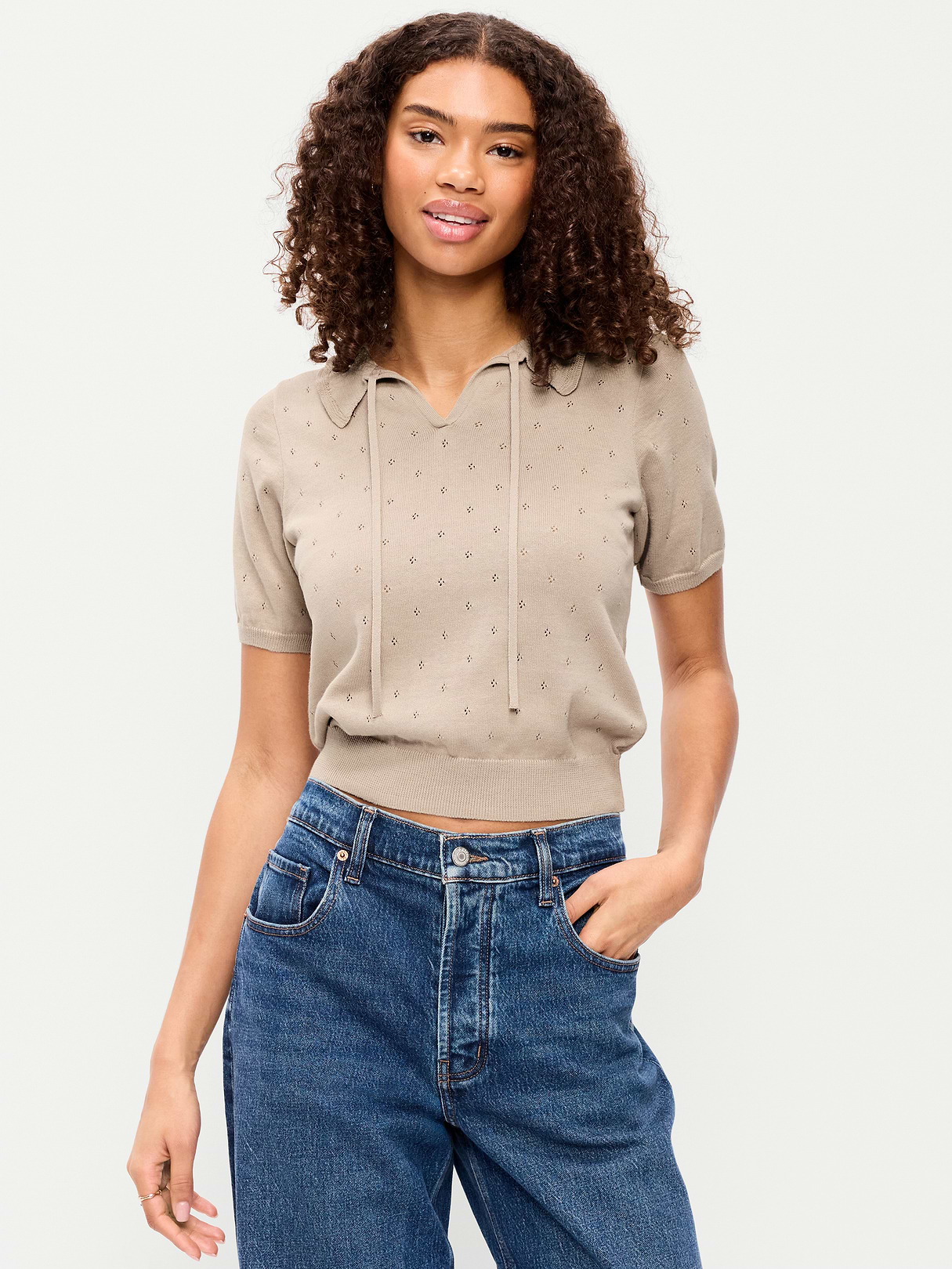 Tie-Front Seaside Cotton Pointelle Cropped Polo - Hemisphere