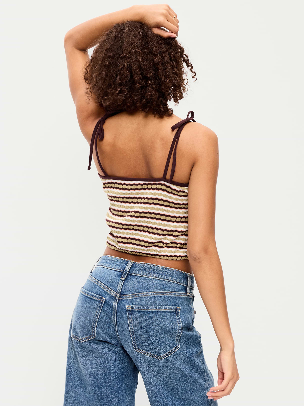 Sleeveless Pointelle Tie-Strap Tank Top - Khaki Orange Stripe