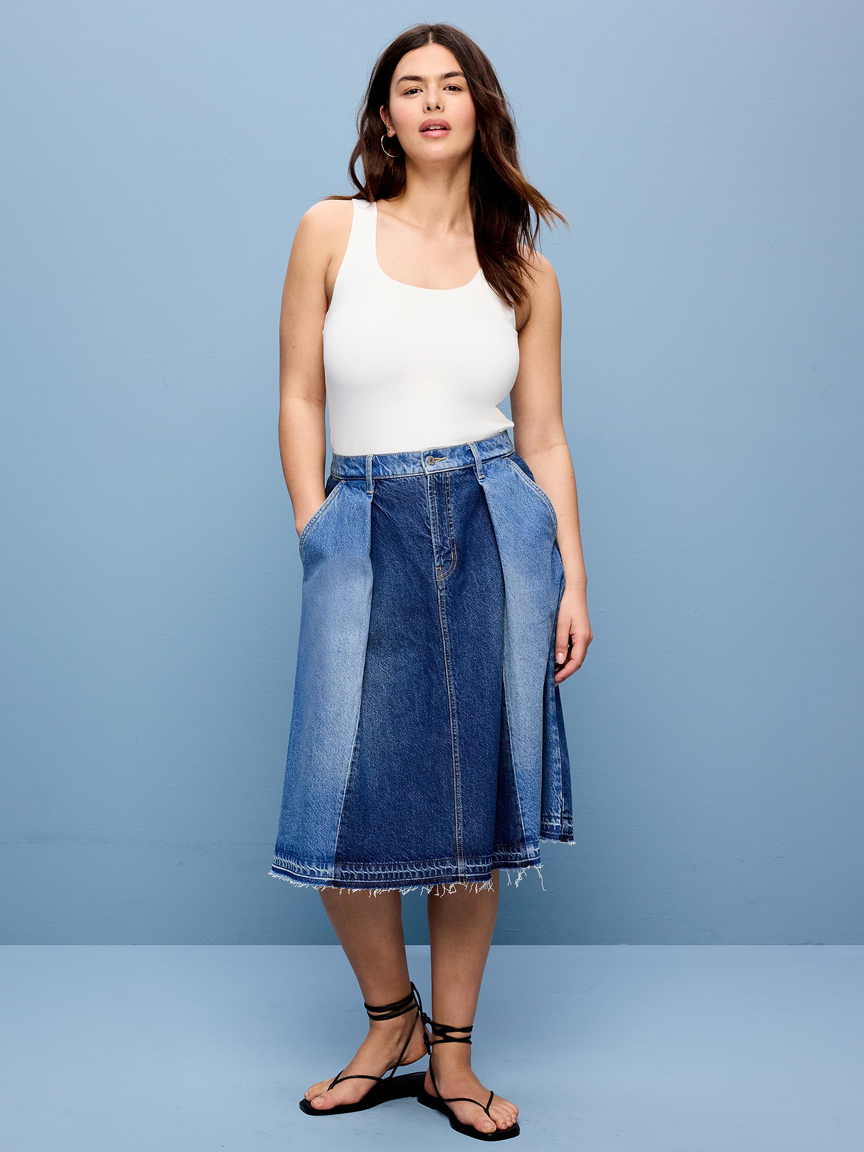 Reconstructed Pleated Denim Midi Skirt - Coretta