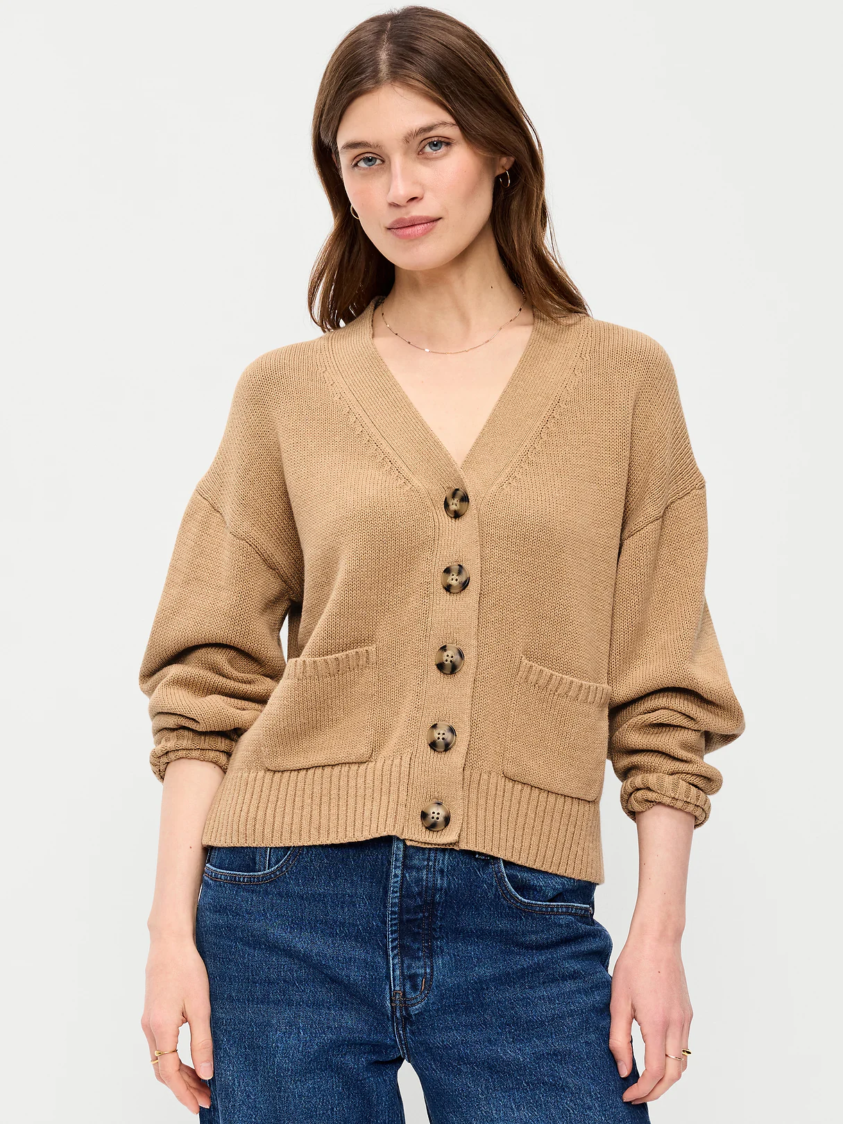 Seaside Cotton V-Neck Cardigan Sweater - Light Brown