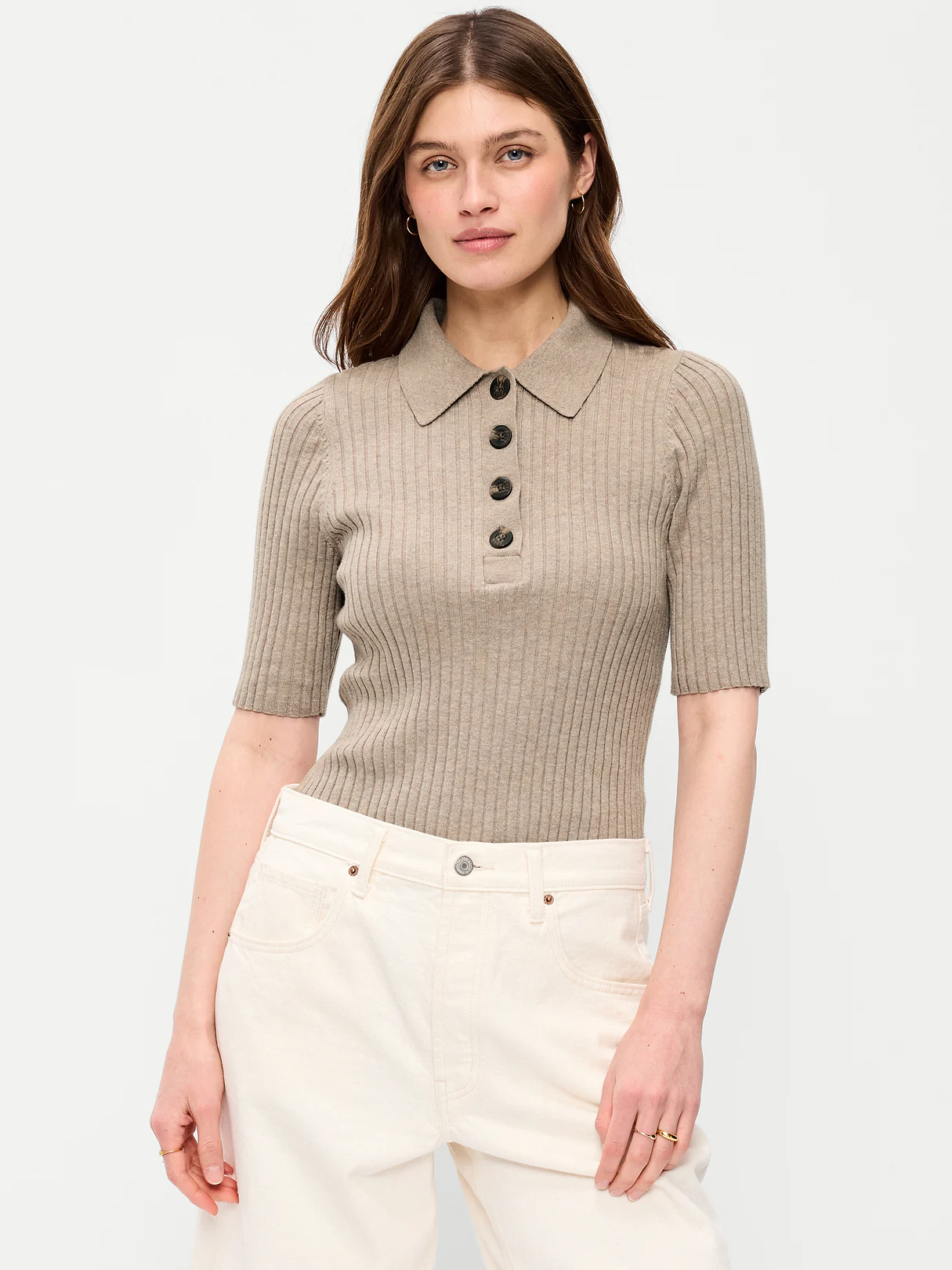Short-Sleeve Ribbed Polo - Mushroom