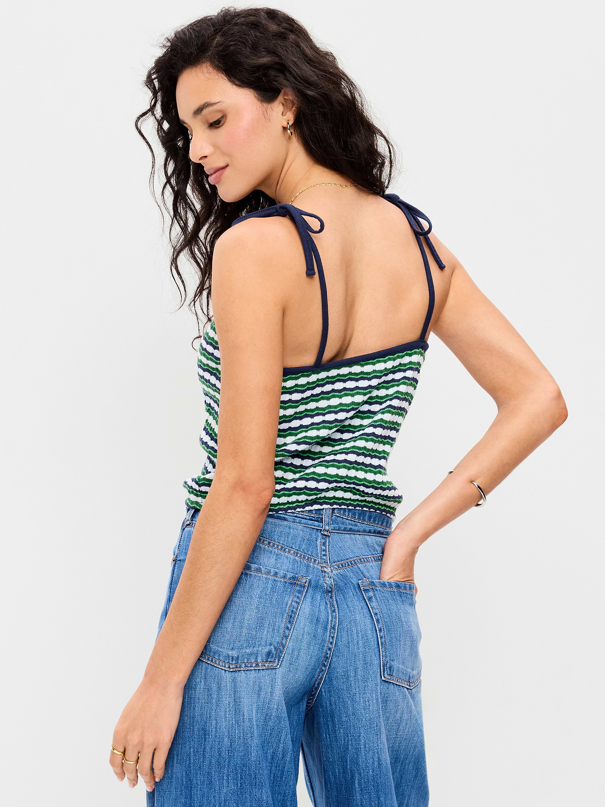 Sleeveless Pointelle Tie-Strap Tank Top - Green Blue Stripe