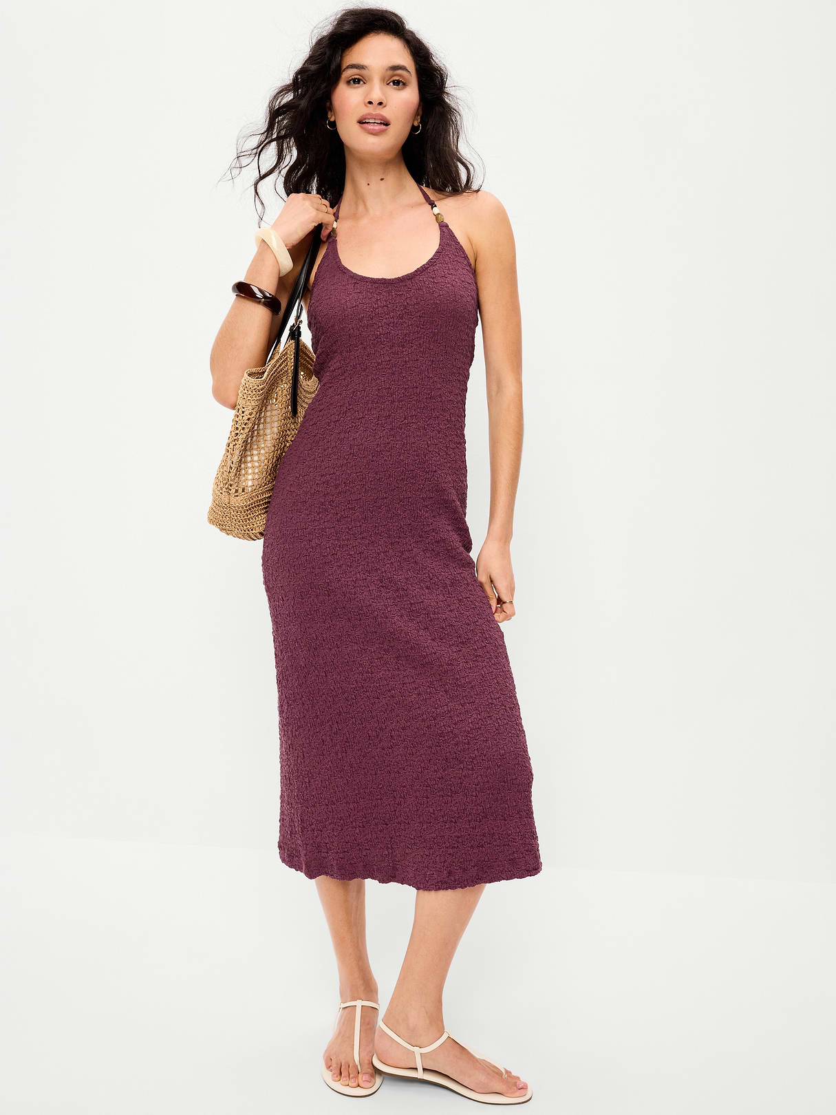 Beaded Halter-Neck Textured Midi Dress - Cherry Bark