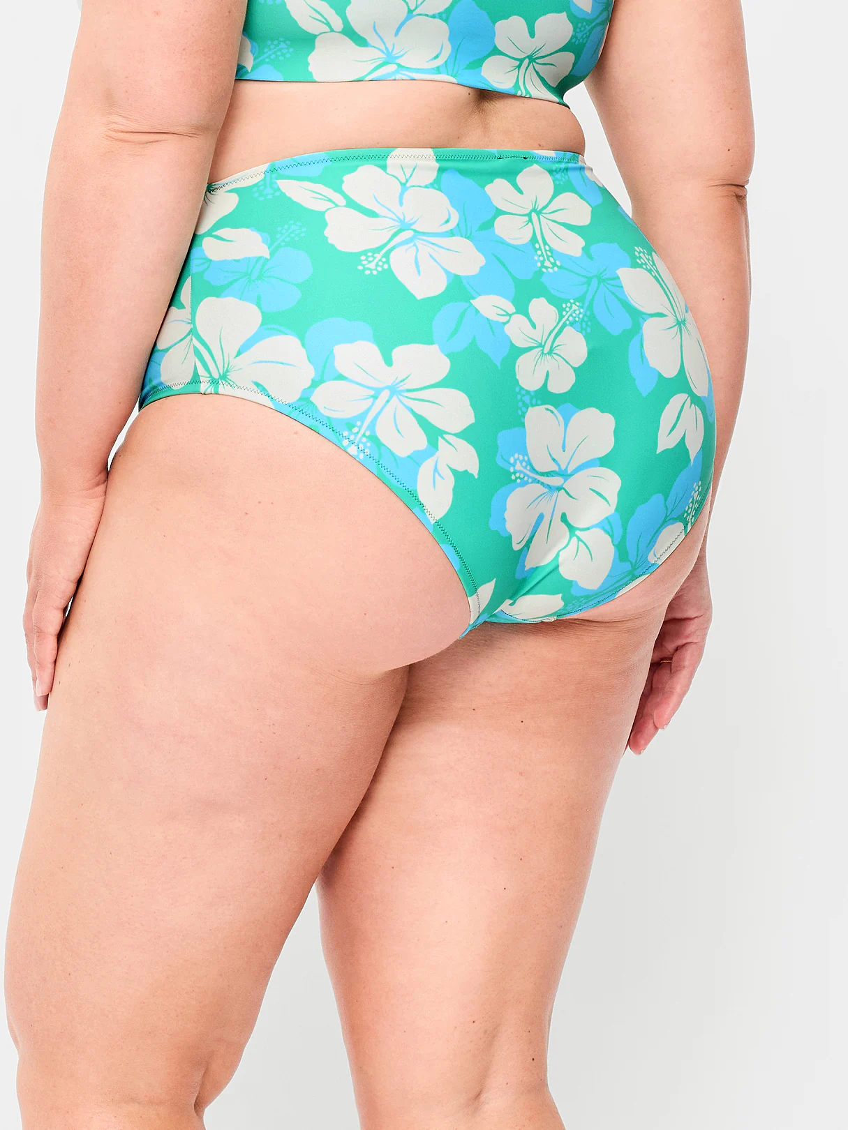 High-Waisted Ribbed Bikini Swim Bottoms - Cool Hibiscus