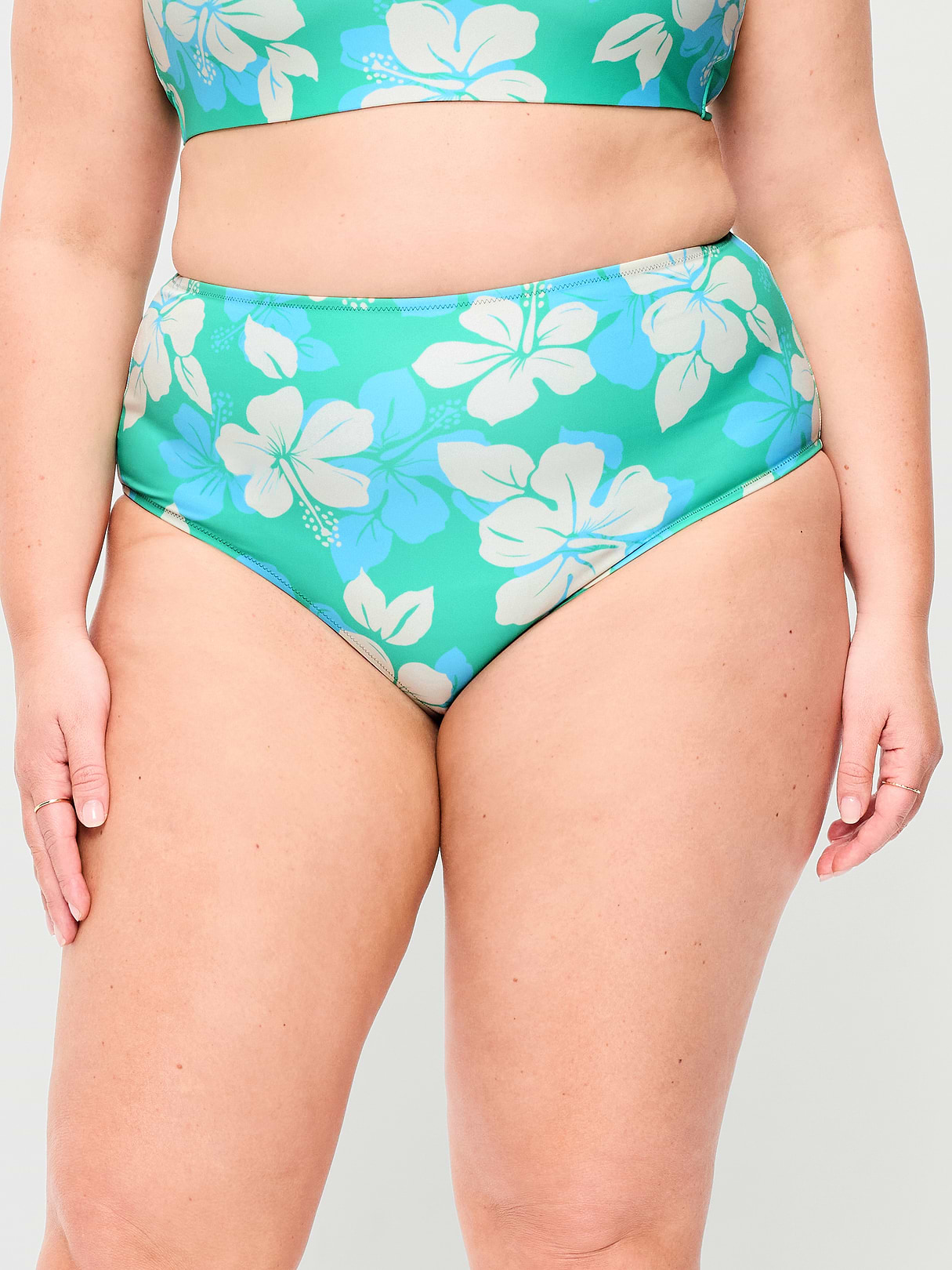 High-Waisted Ribbed Bikini Swim Bottoms - Cool Hibiscus