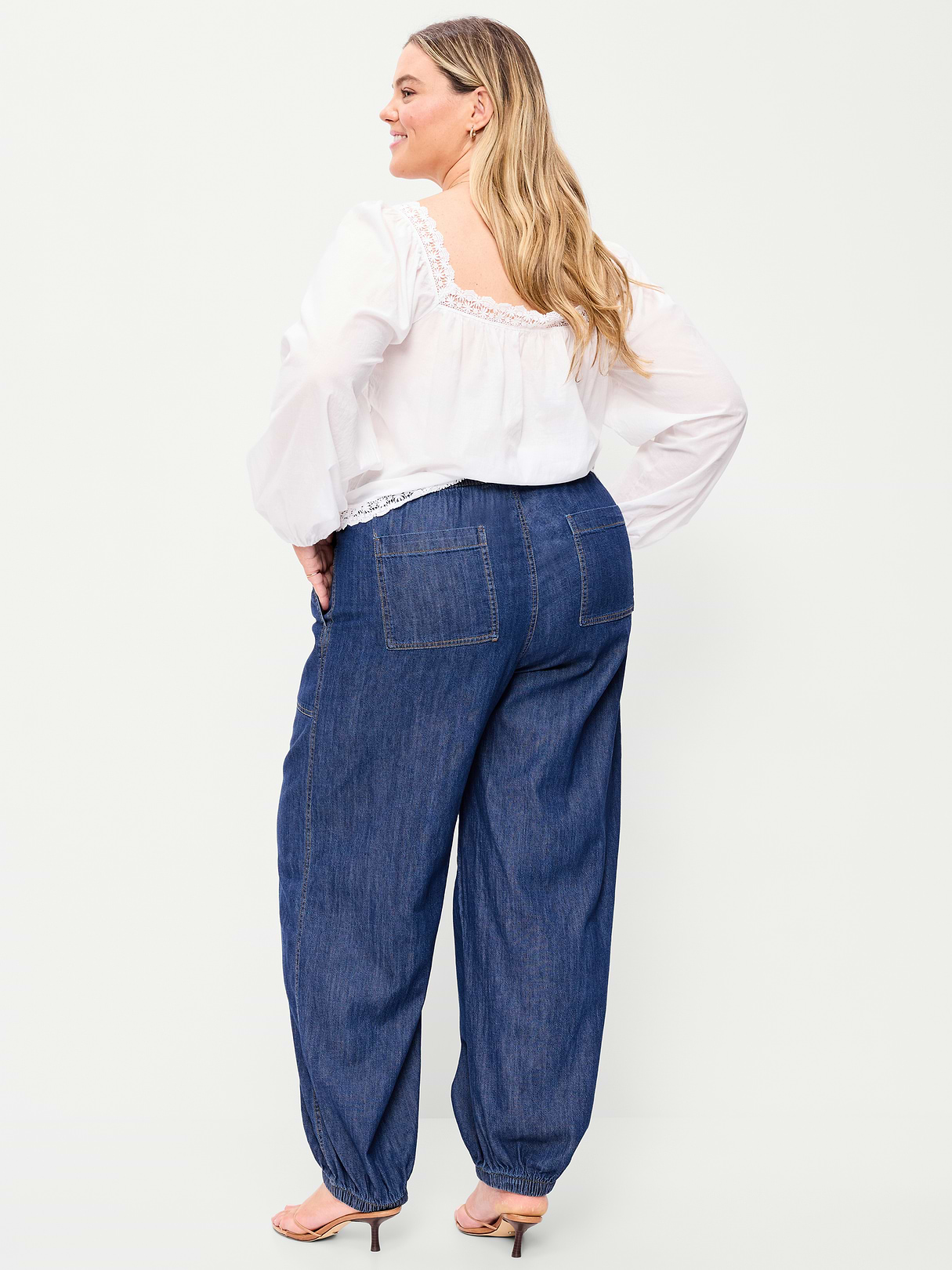 Mid-Rise Pull-On Utility Harem Denim Pants - Dark Wash