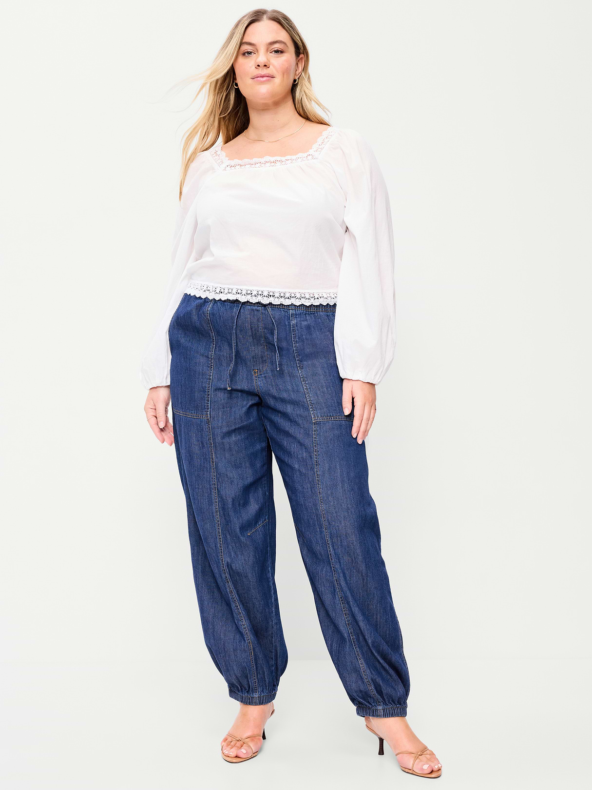 Mid-Rise Pull-On Utility Harem Denim Pants - Dark Wash