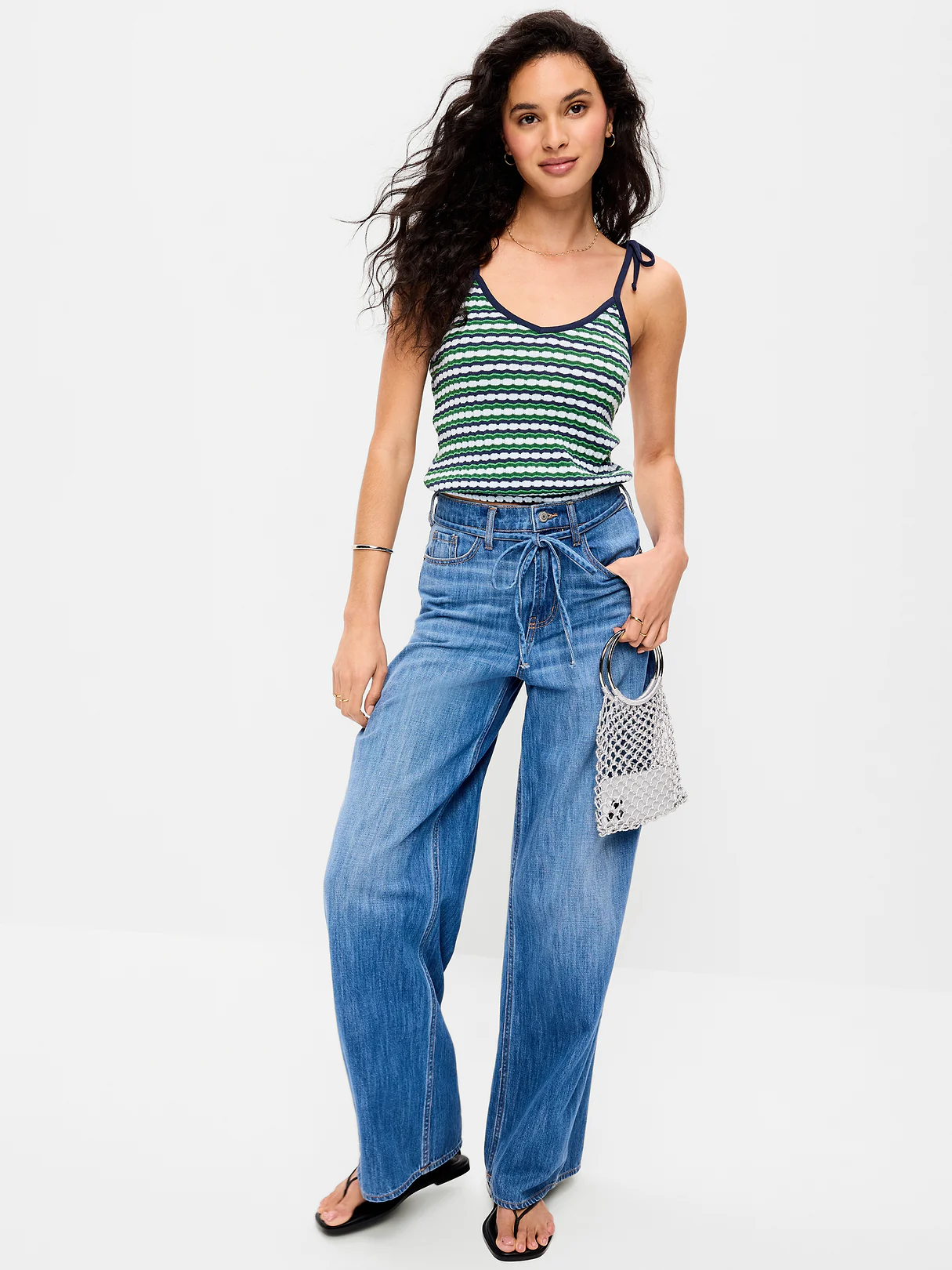 Sleeveless Pointelle Tie-Strap Tank Top - Green Blue Stripe