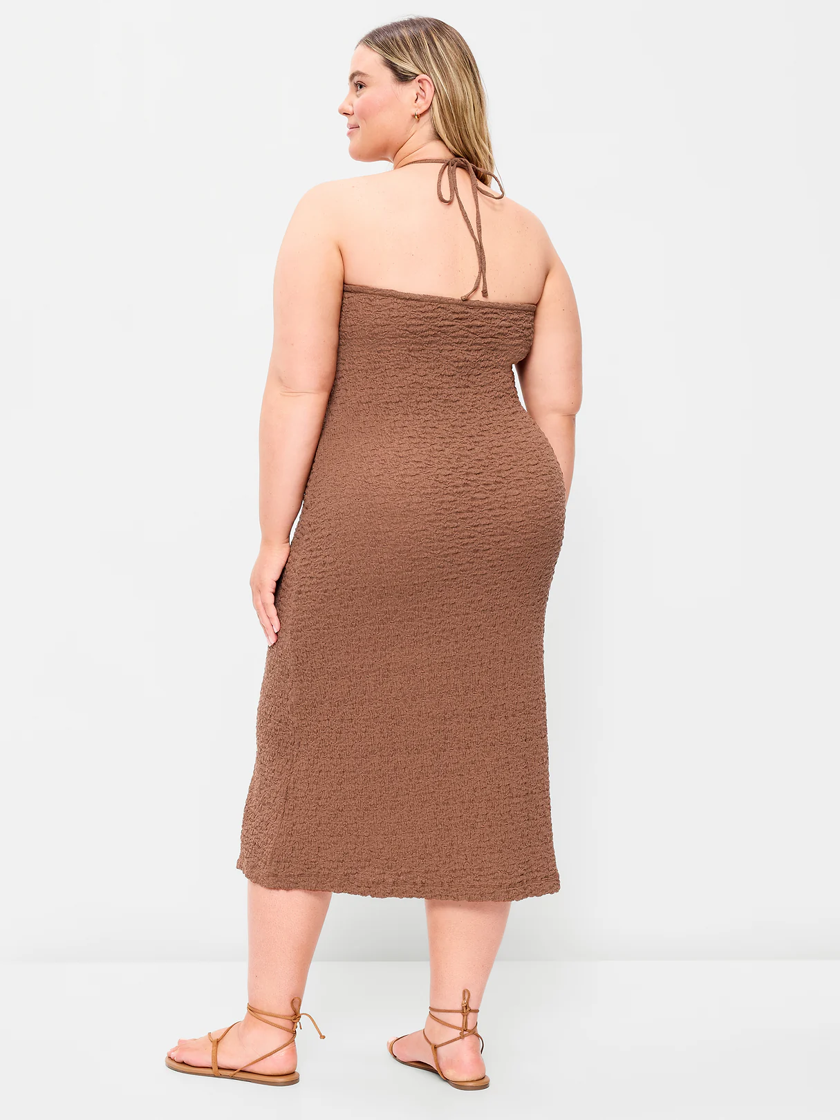 Beaded Halter-Neck Textured Midi Dress - Coco de mer