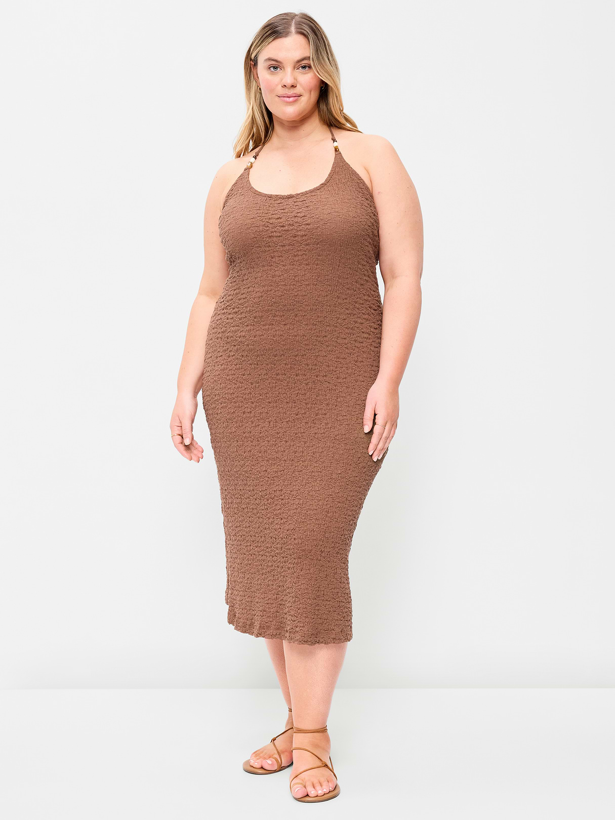 Beaded Halter-Neck Textured Midi Dress - Coco de mer