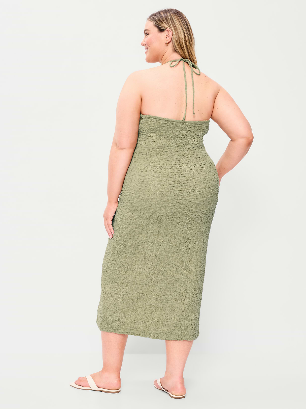 Beaded Halter-Neck Textured Midi Dress - Dried Grasses