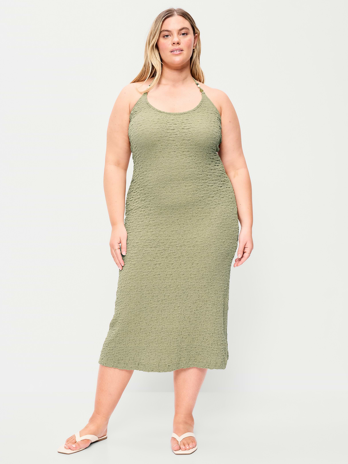 Beaded Halter-Neck Textured Midi Dress - Dried Grasses