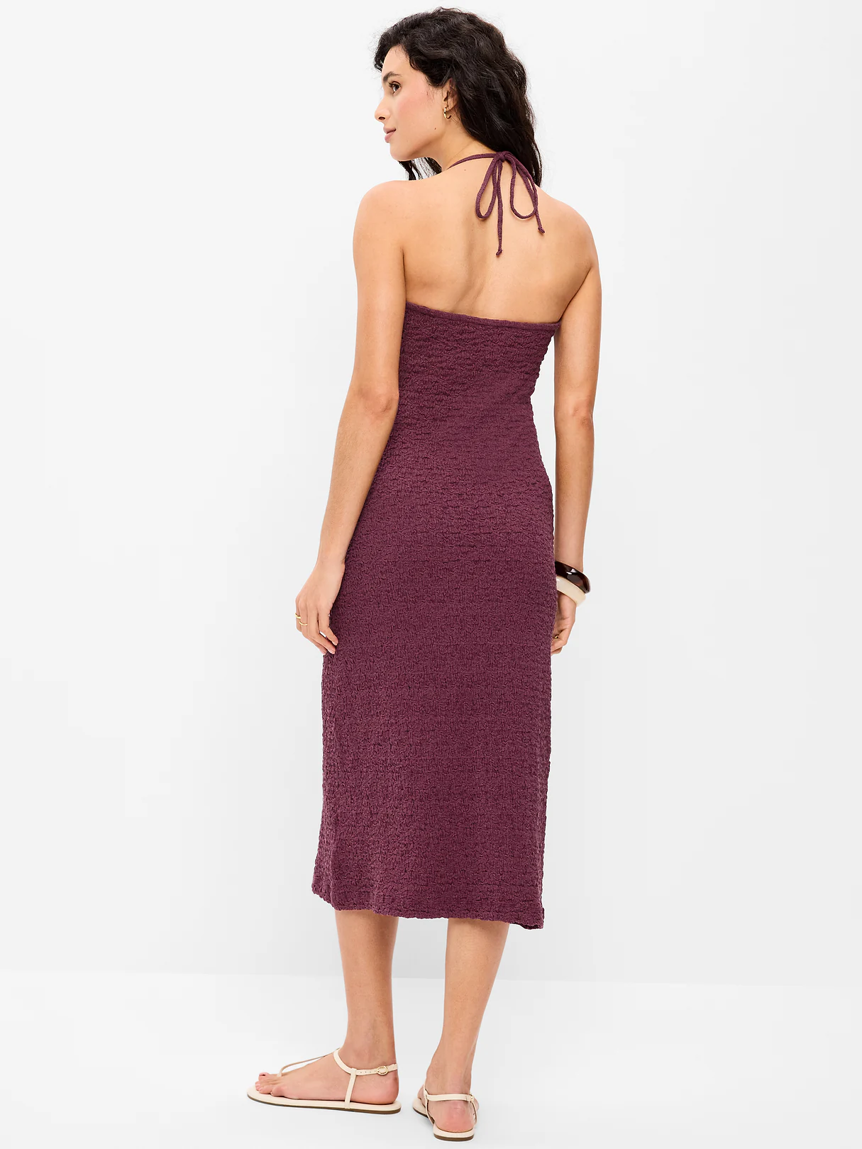 Beaded Halter-Neck Textured Midi Dress - Cherry Bark