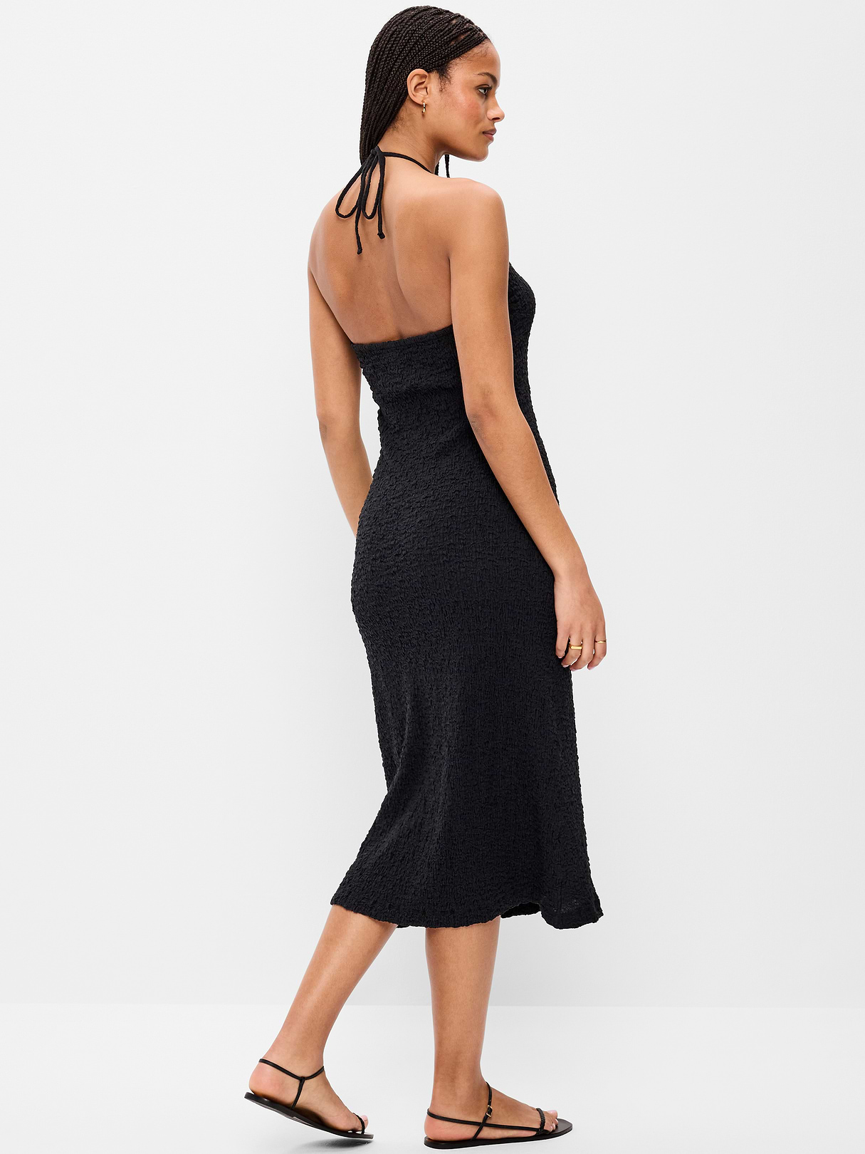 Beaded Halter-Neck Textured Midi Dress - Black Jack