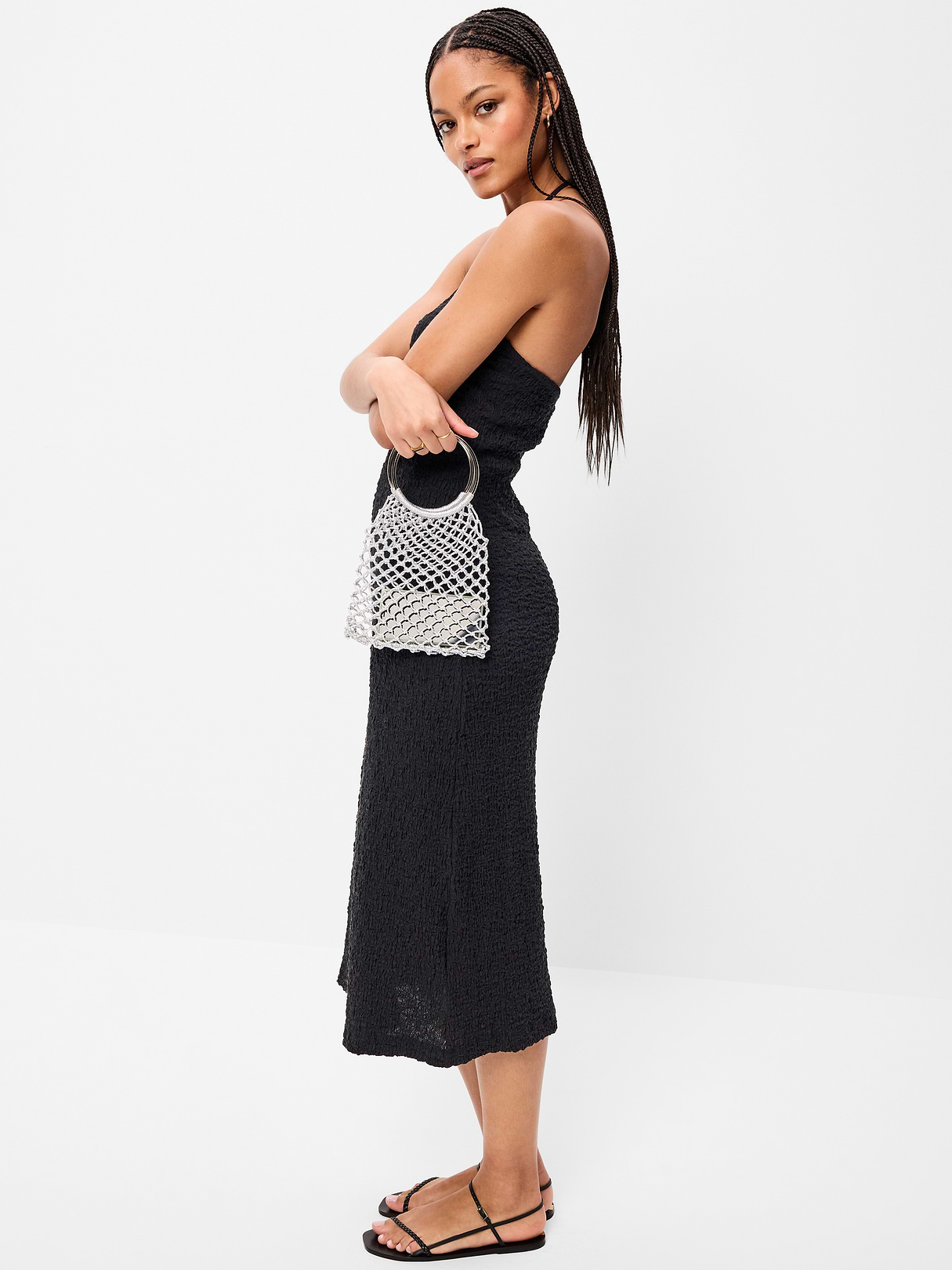 Beaded Halter-Neck Textured Midi Dress - Black Jack