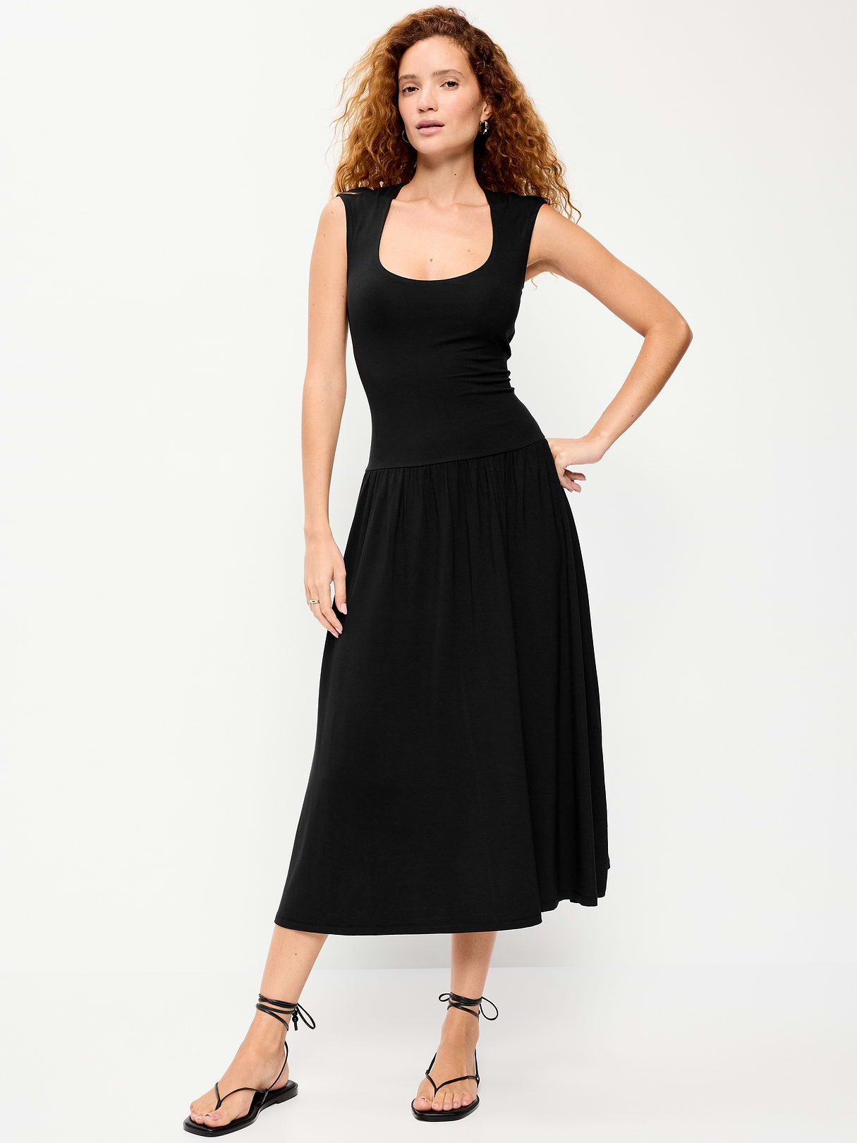 Jersey Knit Drop-Waist Midi Dress - Black Jack