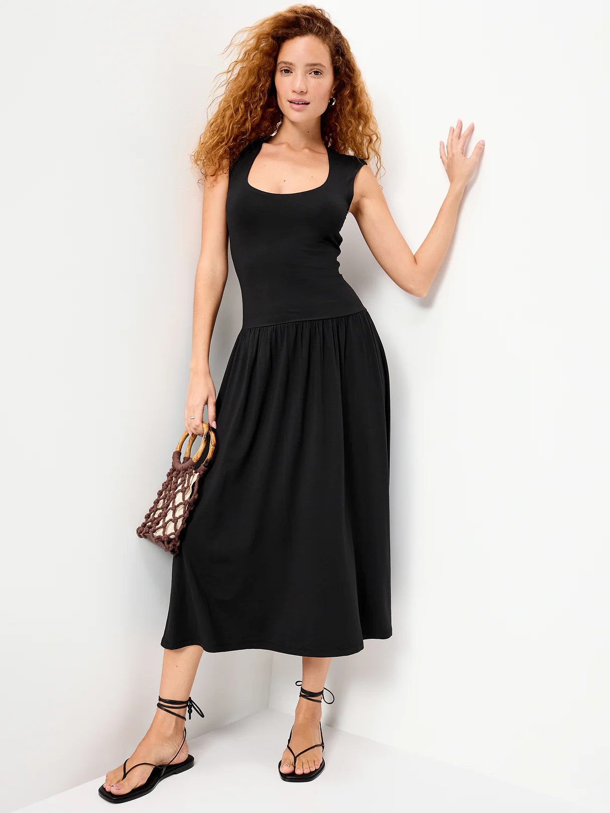 Jersey Knit Drop-Waist Midi Dress - Black Jack