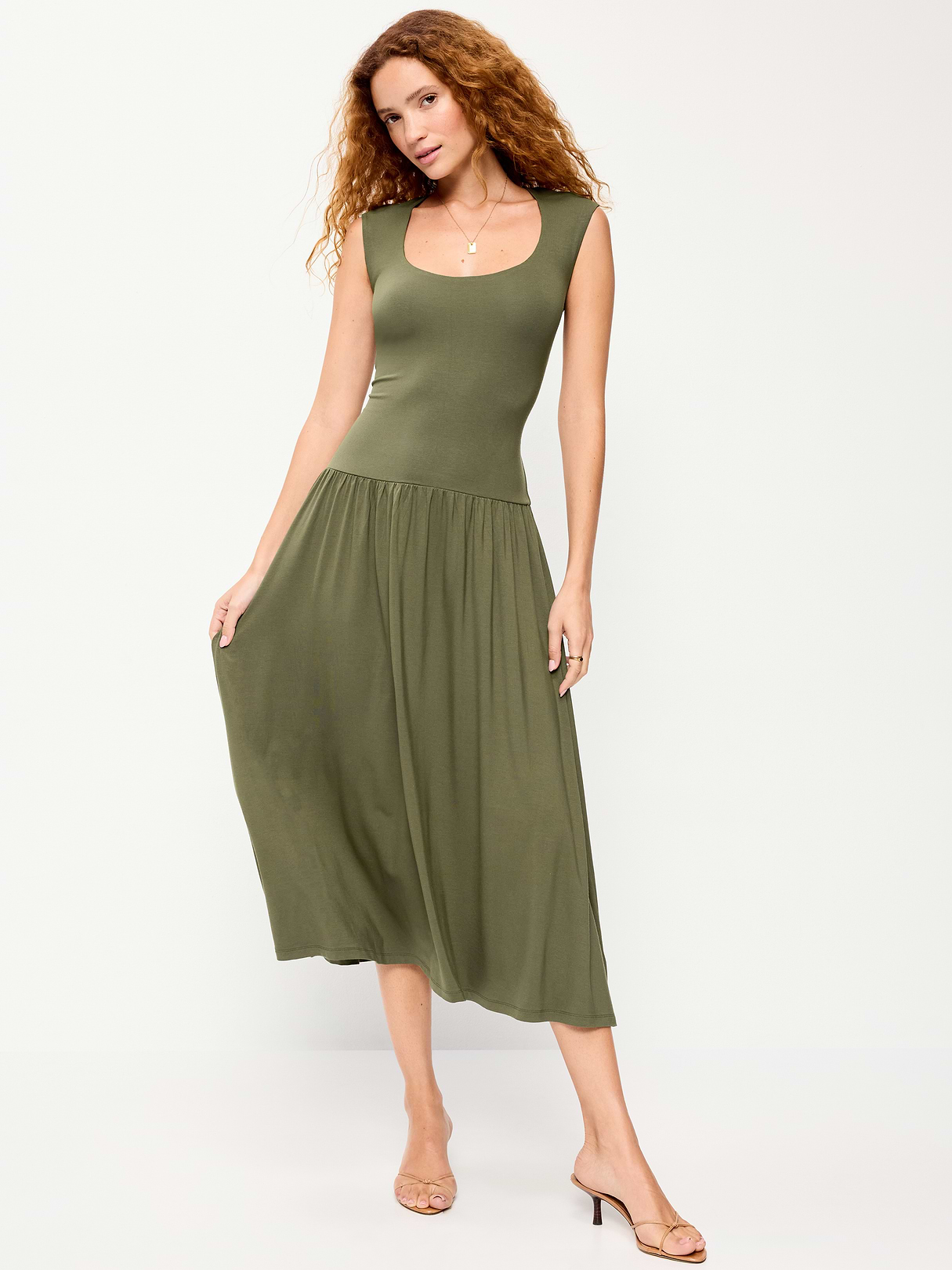 Jersey Knit Drop-Waist Midi Dress - Heritage Green
