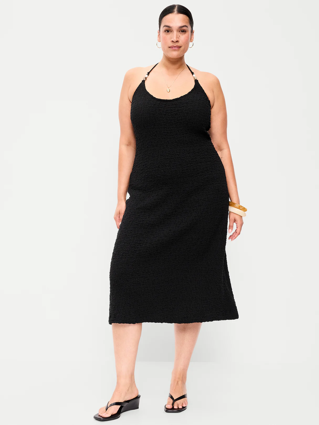 Beaded Halter-Neck Textured Midi Dress - Black Jack