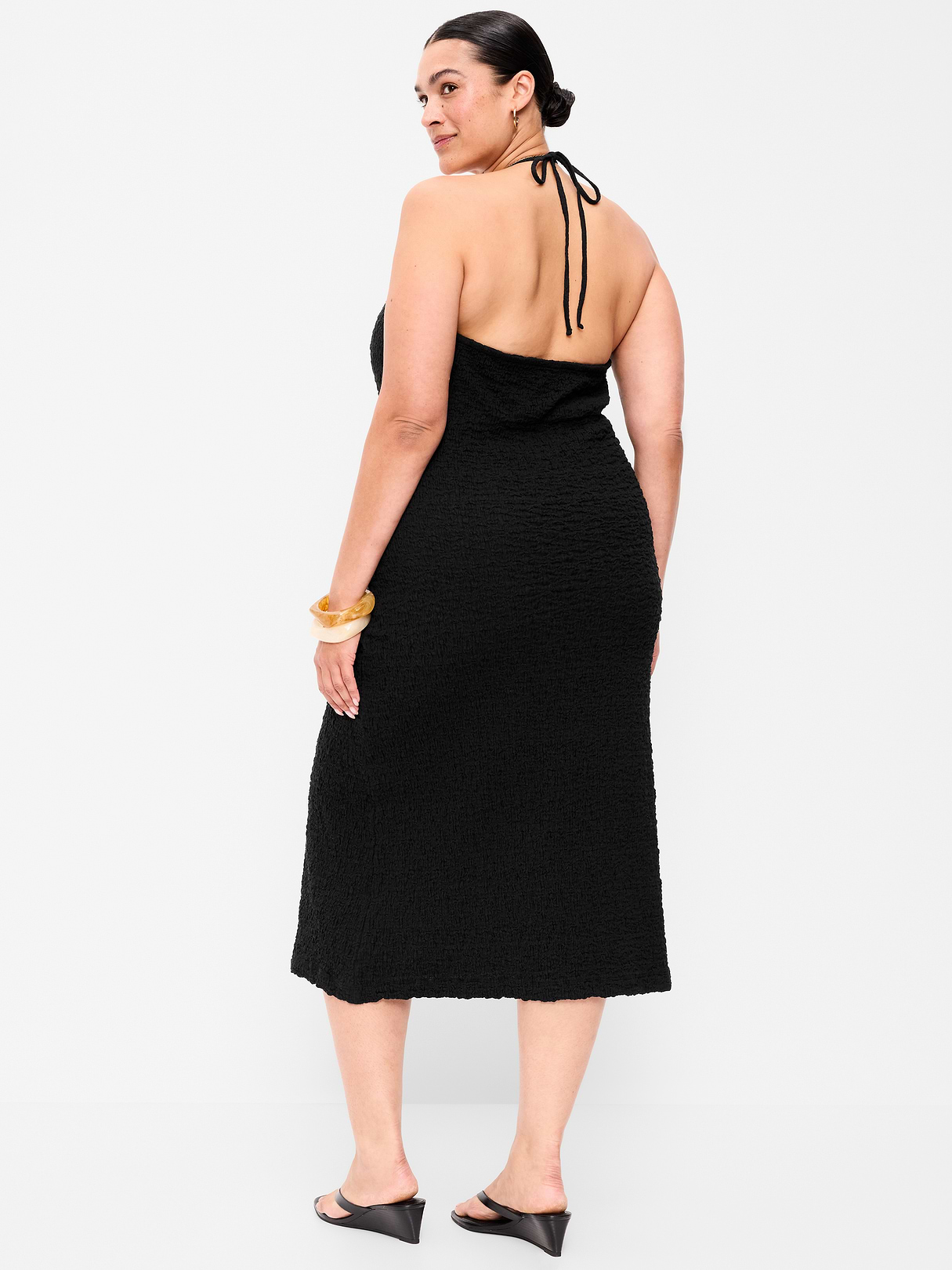 Beaded Halter-Neck Textured Midi Dress - Black Jack