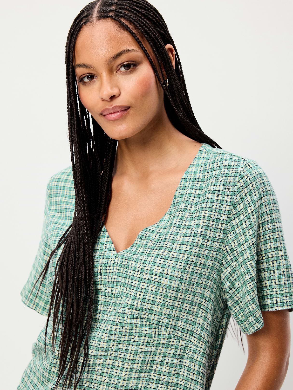 Short-Sleeve Linen-Blend Mini Shift Dress - Green Plaid