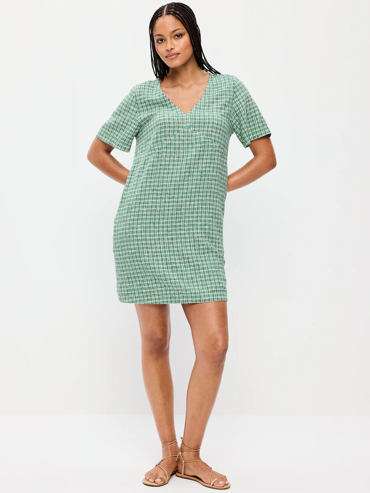 Short-Sleeve Linen-Blend Mini Shift Dress - Green Plaid