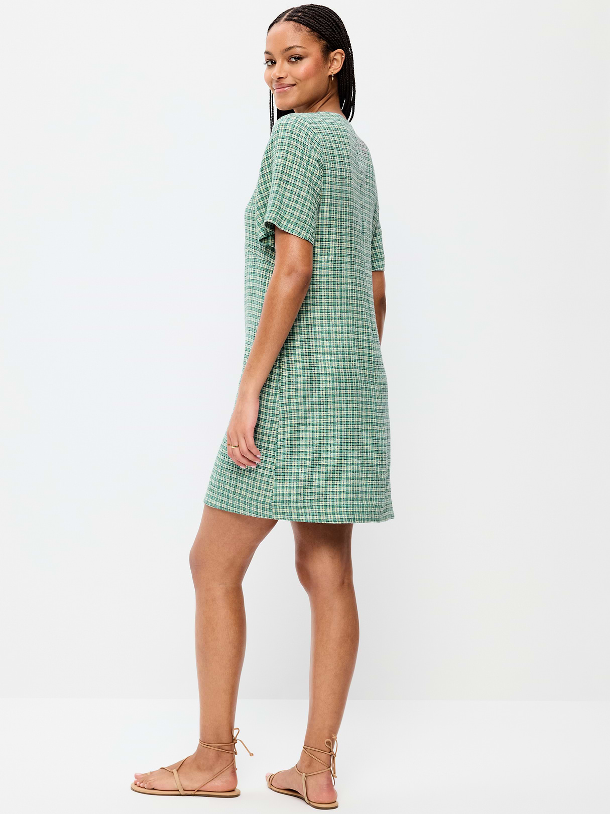 Short-Sleeve Linen-Blend Mini Shift Dress - Green Plaid