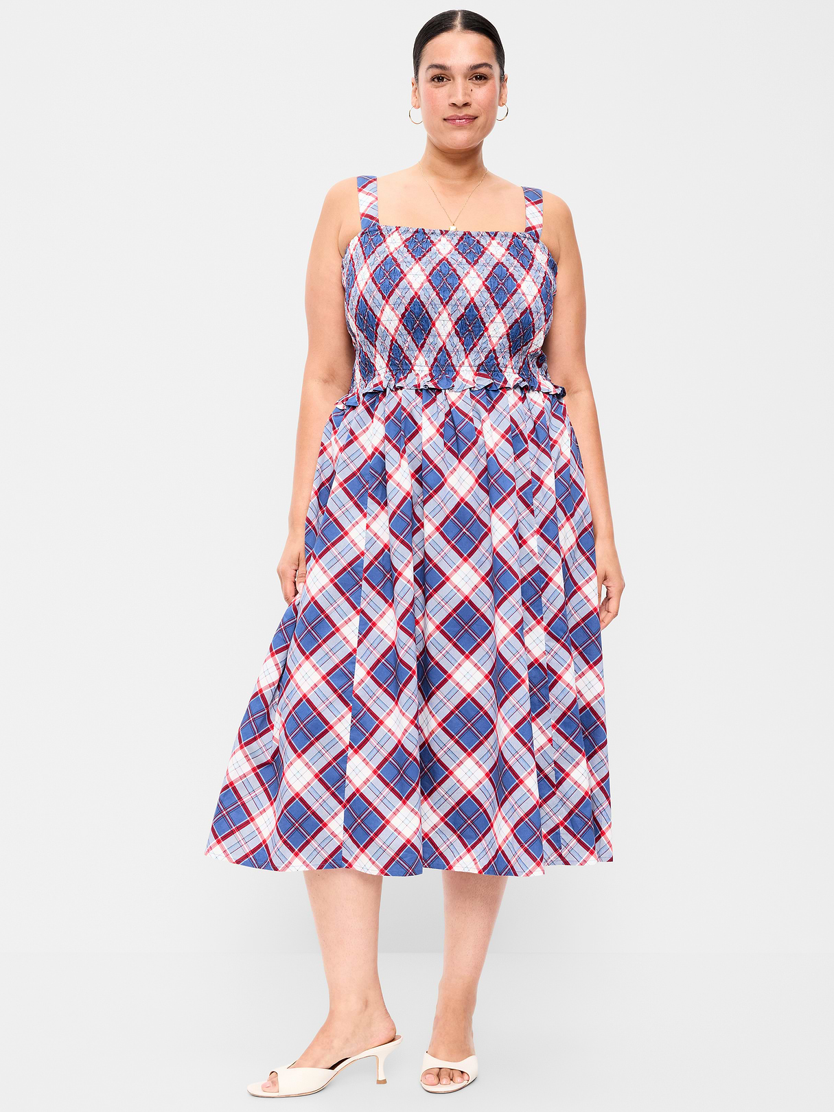 Fit & Flare Smocked-Bodice Midi Dress - Blue Plaid
