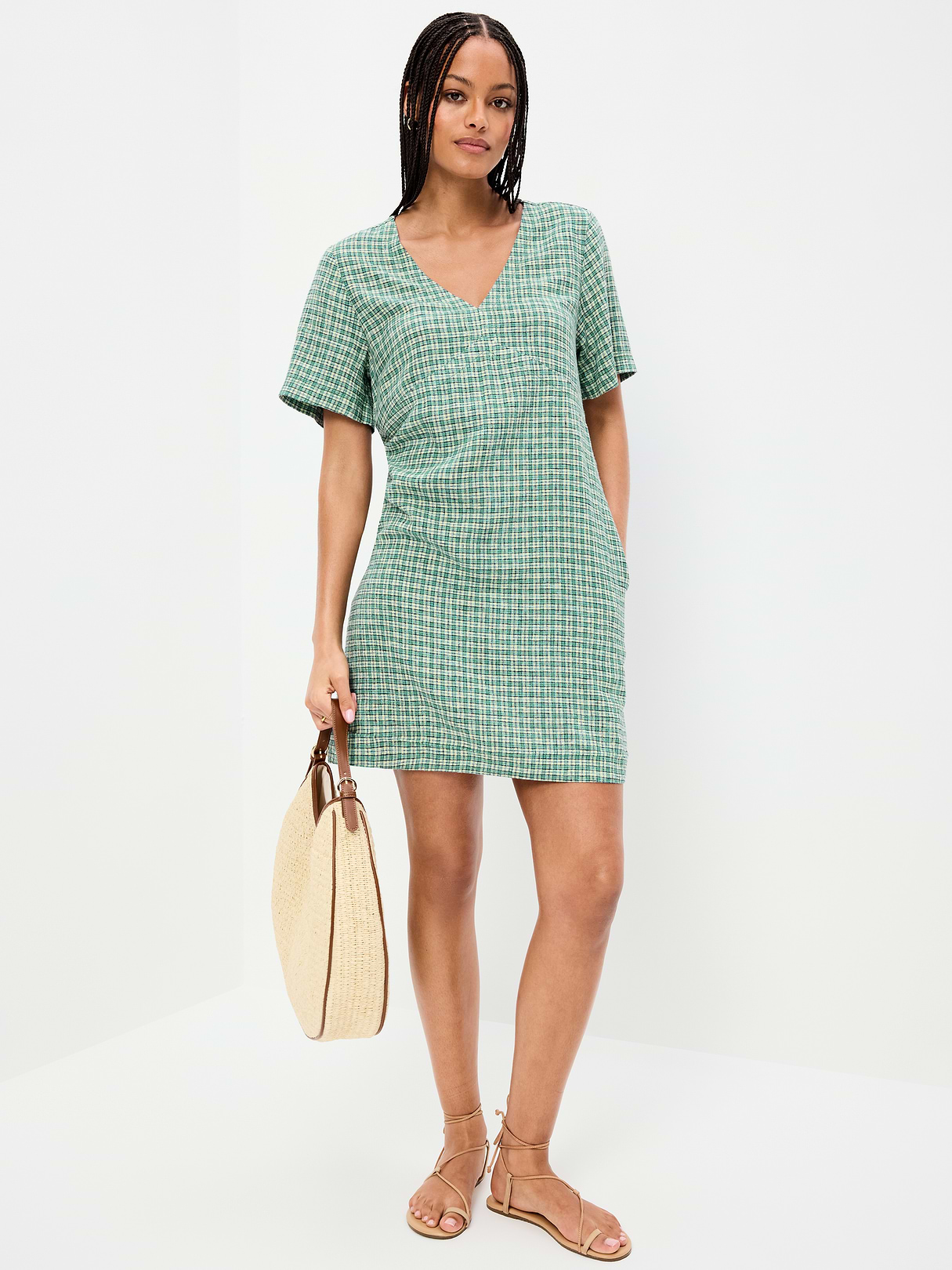 Short-Sleeve Linen-Blend Mini Shift Dress - Green Plaid