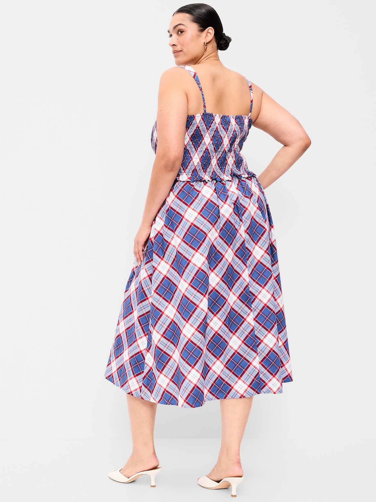 Fit & Flare Smocked-Bodice Midi Dress - Blue Plaid