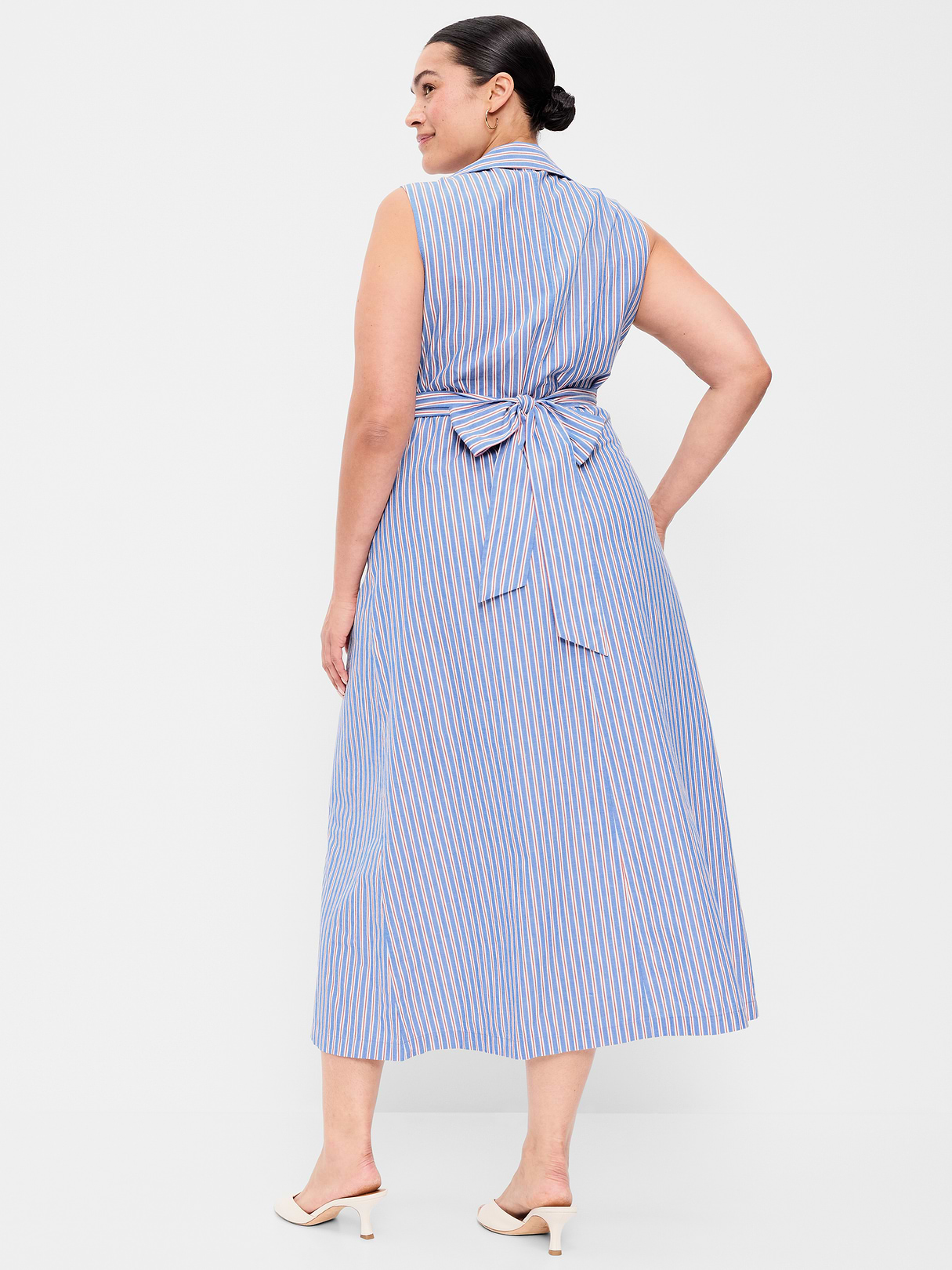 Sleeveless Wrap-Waist Midi Shirt Dress - Blue/White/Red Stripe