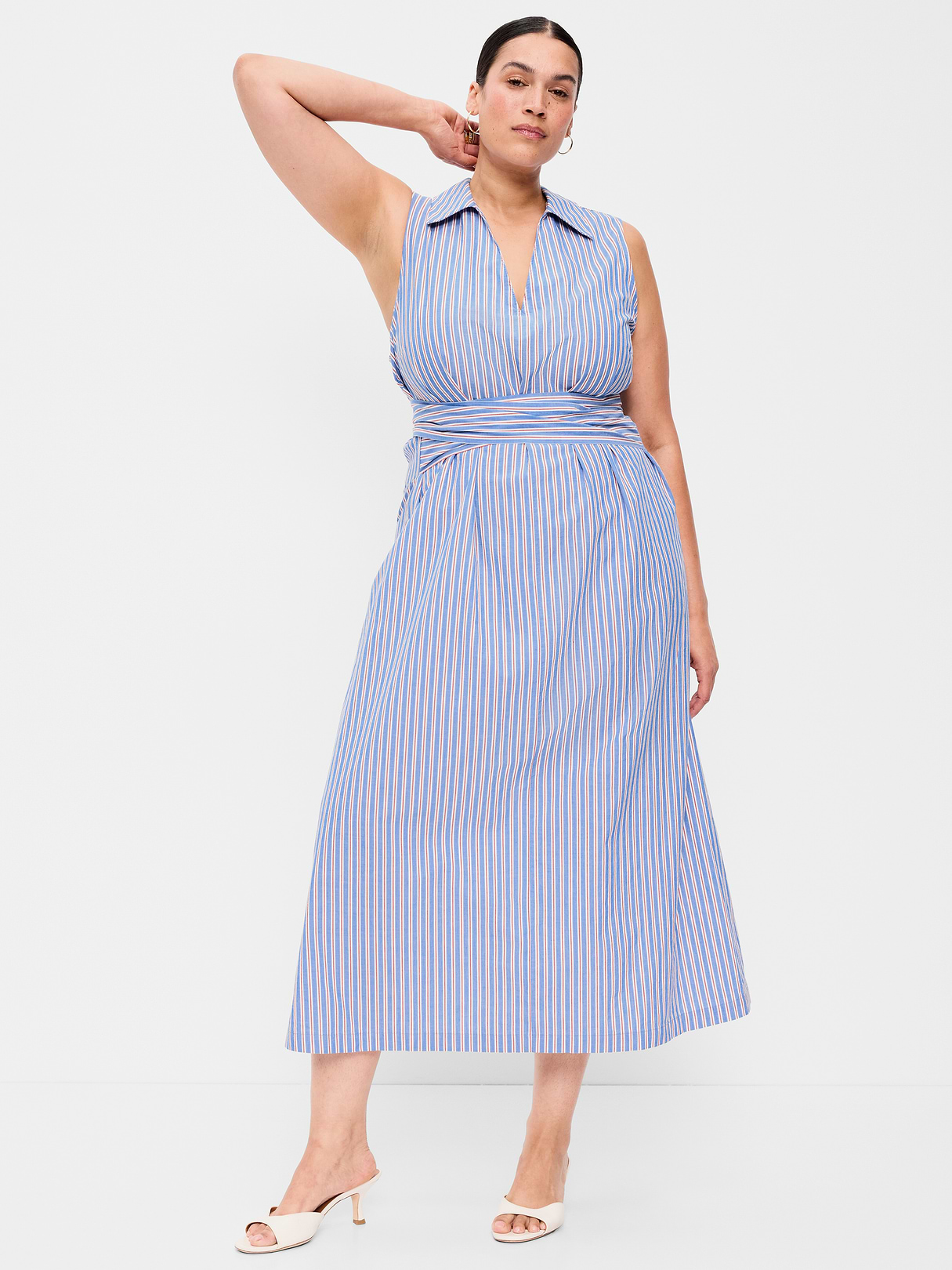 Sleeveless Wrap-Waist Midi Shirt Dress - Blue/White/Red Stripe