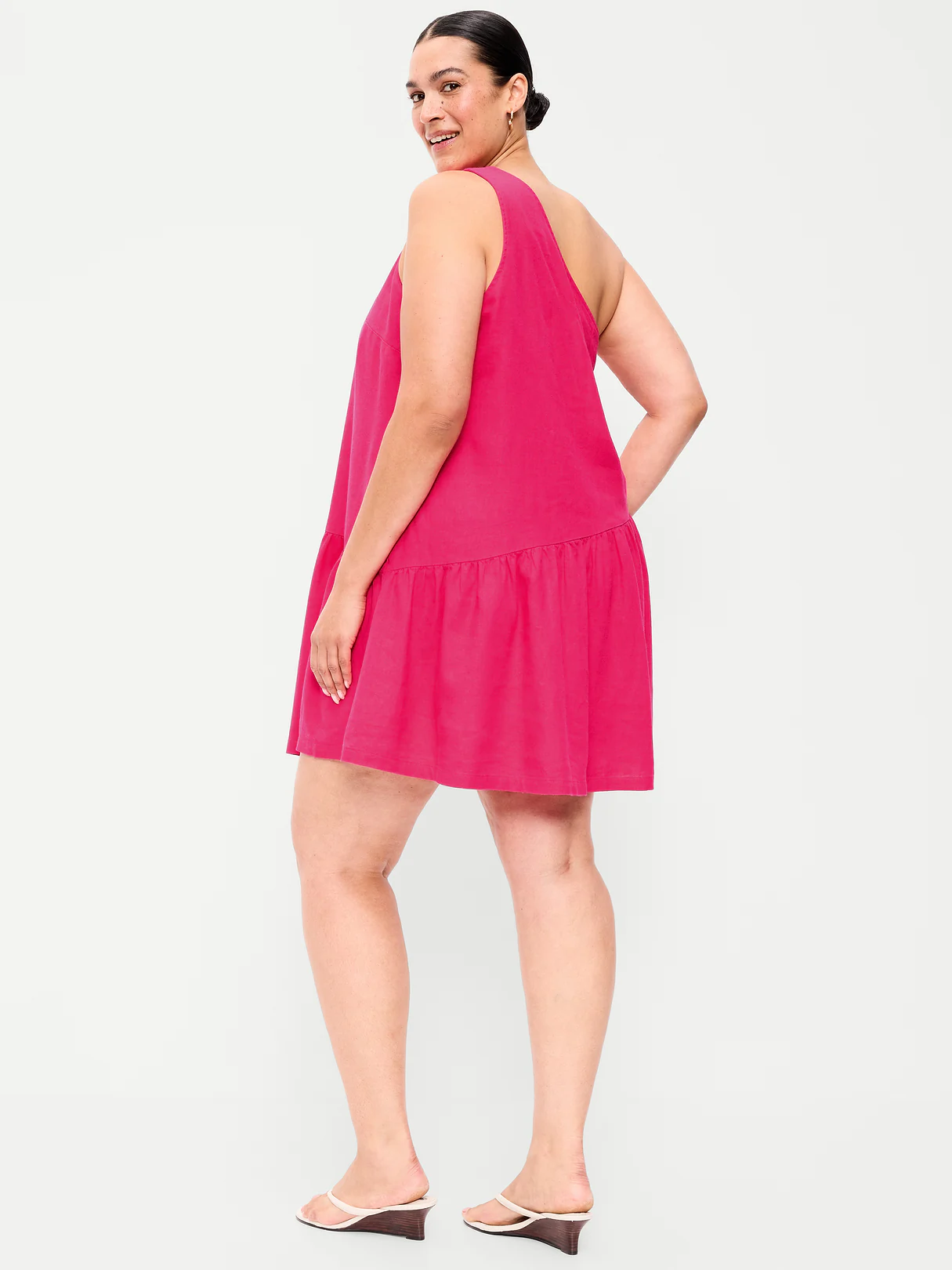 One-Shoulder Asymmetrical Linen-Blend Mini Dress - Bright Scarlet